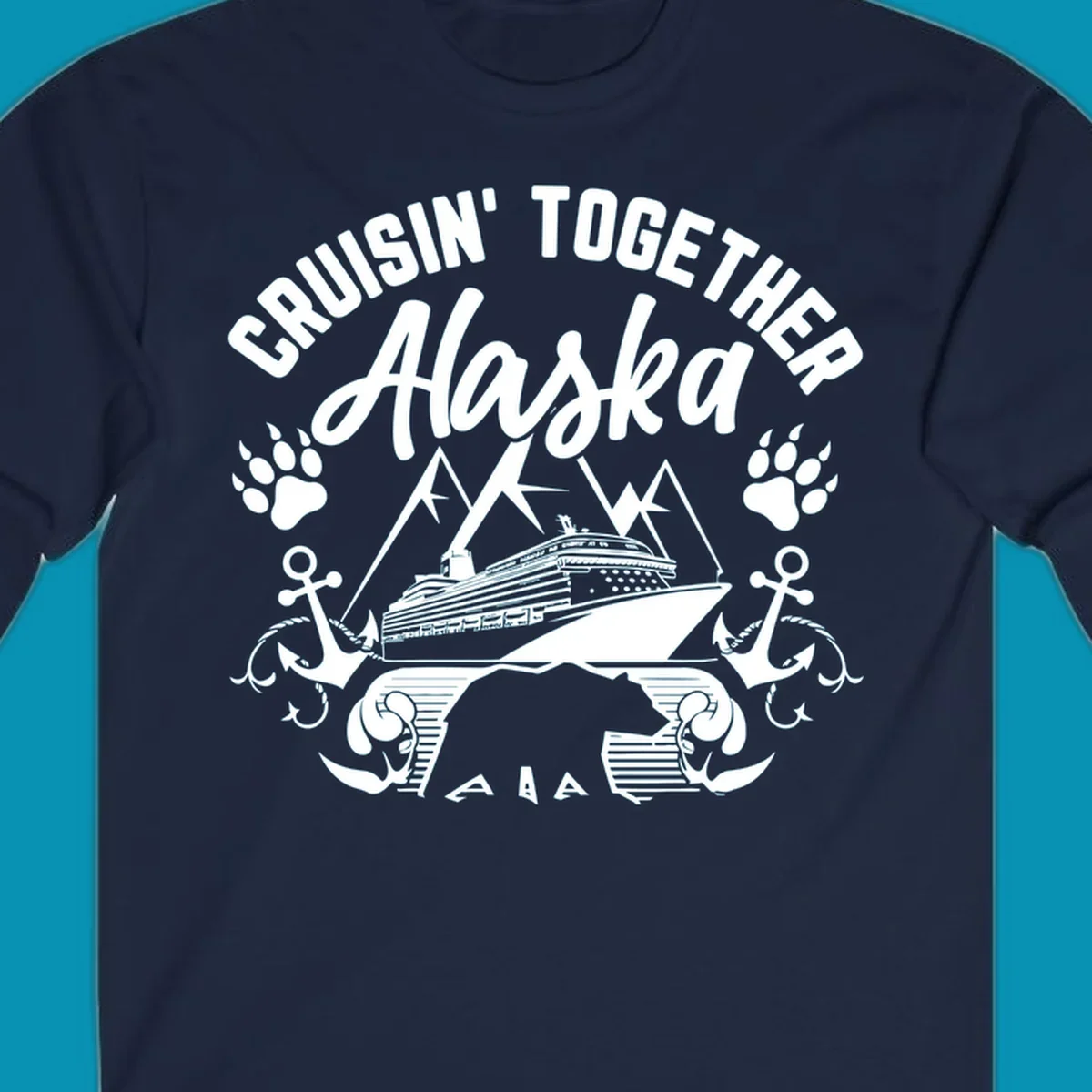 White nautical design on gray background featuring cruise ship between mountains with paw prints and anchors, text reads 'Cruisin' Together Alaska'