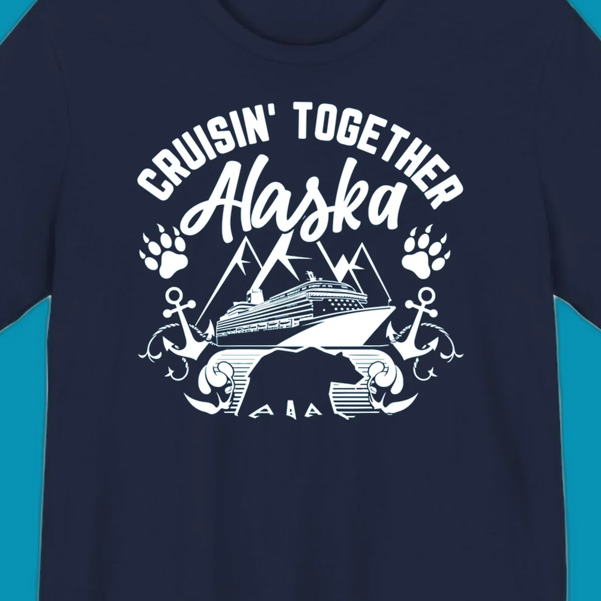 White nautical design on gray background featuring cruise ship between mountains with paw prints and anchors, text reads 'Cruisin' Together Alaska'