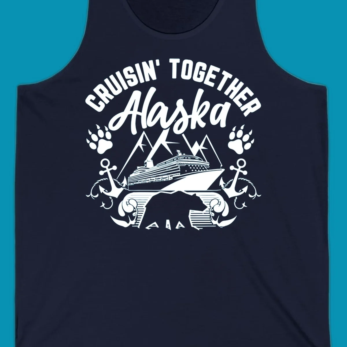 White nautical design on gray background featuring cruise ship between mountains with paw prints and anchors, text reads 'Cruisin' Together Alaska'
