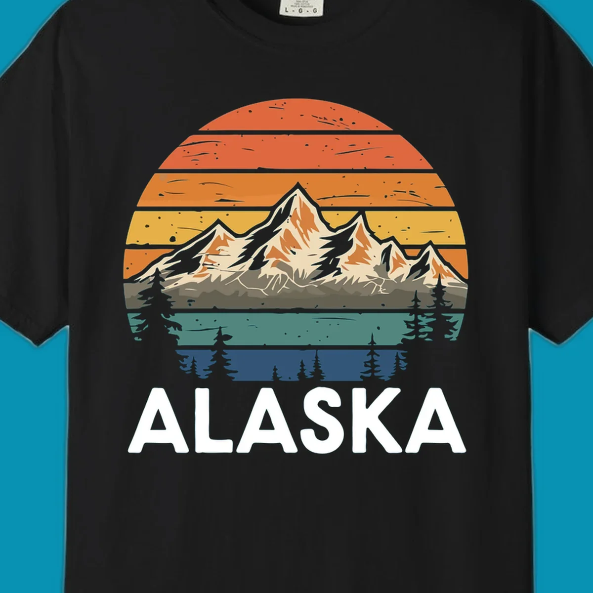 Retro mountain sunset illustration with layered horizontal stripes, snow-capped peaks, evergreen forests, and vintage 1970s color gradient sky.