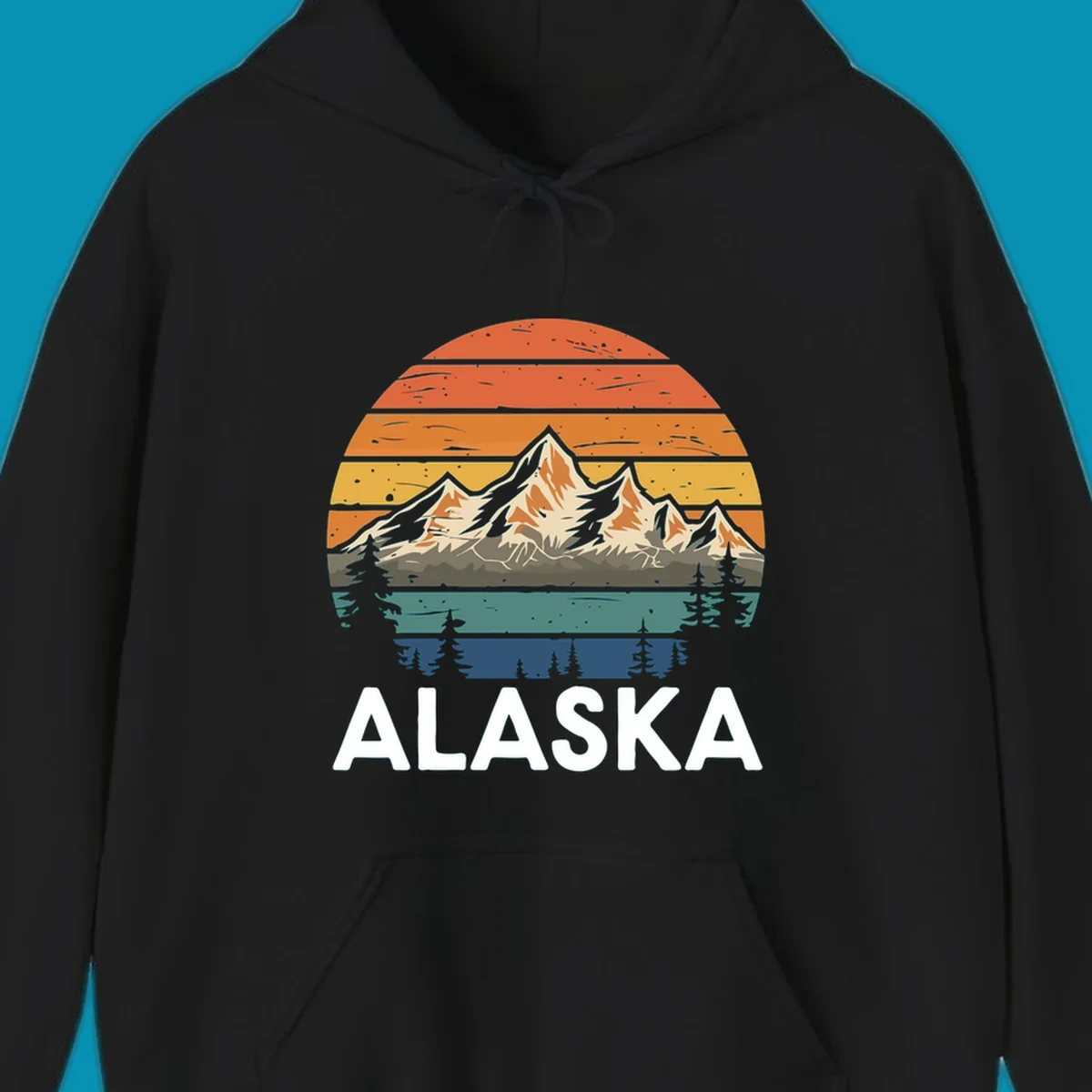 Retro mountain sunset illustration with layered horizontal stripes, snow-capped peaks, evergreen forests, and vintage 1970s color gradient sky.