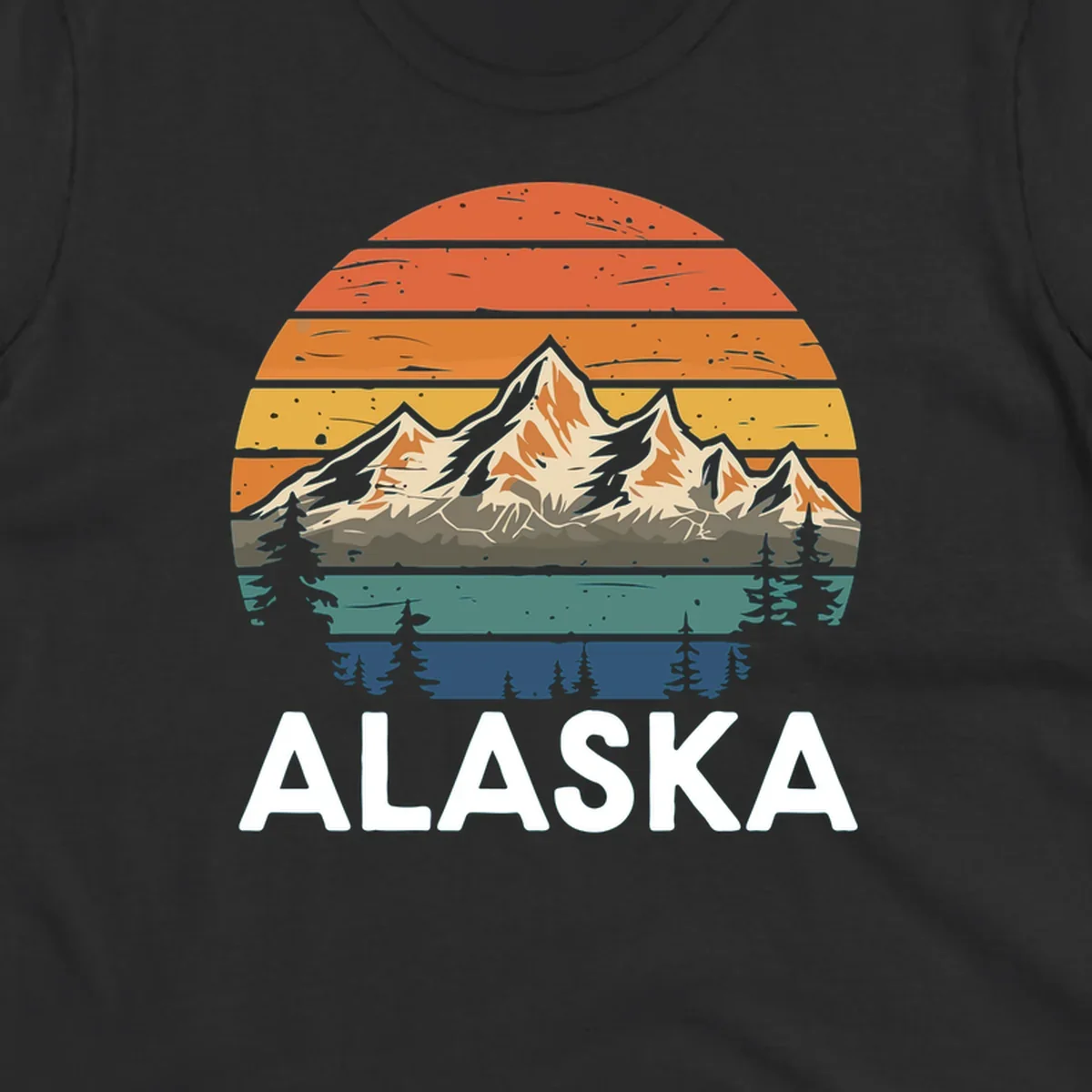 Retro mountain sunset illustration with layered horizontal stripes, snow-capped peaks, evergreen forests, and vintage 1970s color gradient sky.