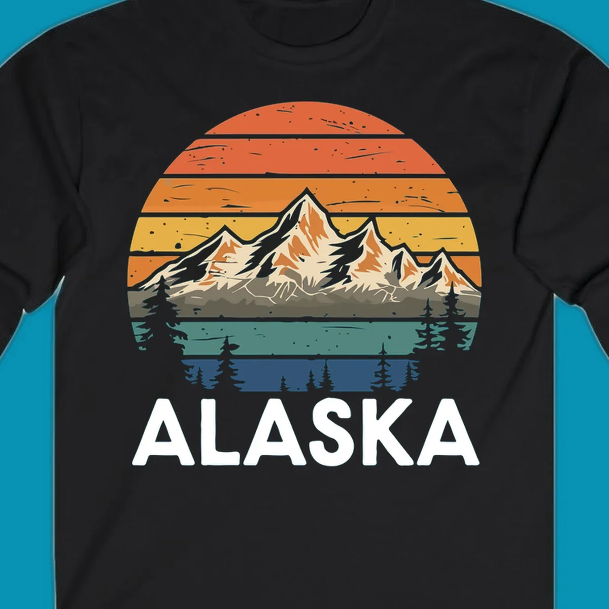 Retro mountain sunset illustration with layered horizontal stripes, snow-capped peaks, evergreen forests, and vintage 1970s color gradient sky.