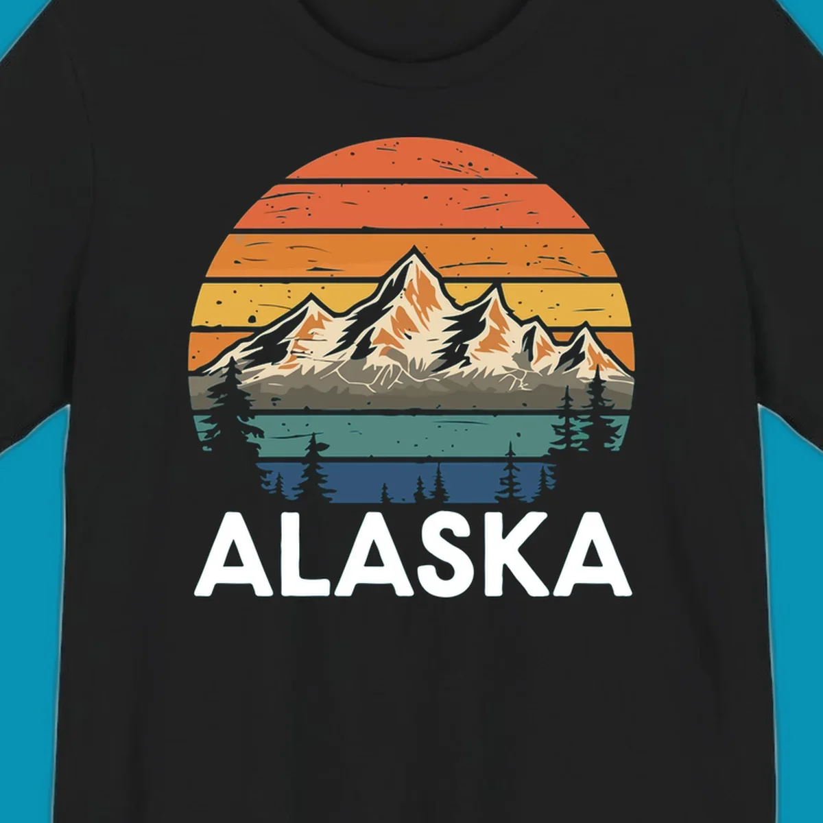 Retro mountain sunset illustration with layered horizontal stripes, snow-capped peaks, evergreen forests, and vintage 1970s color gradient sky.