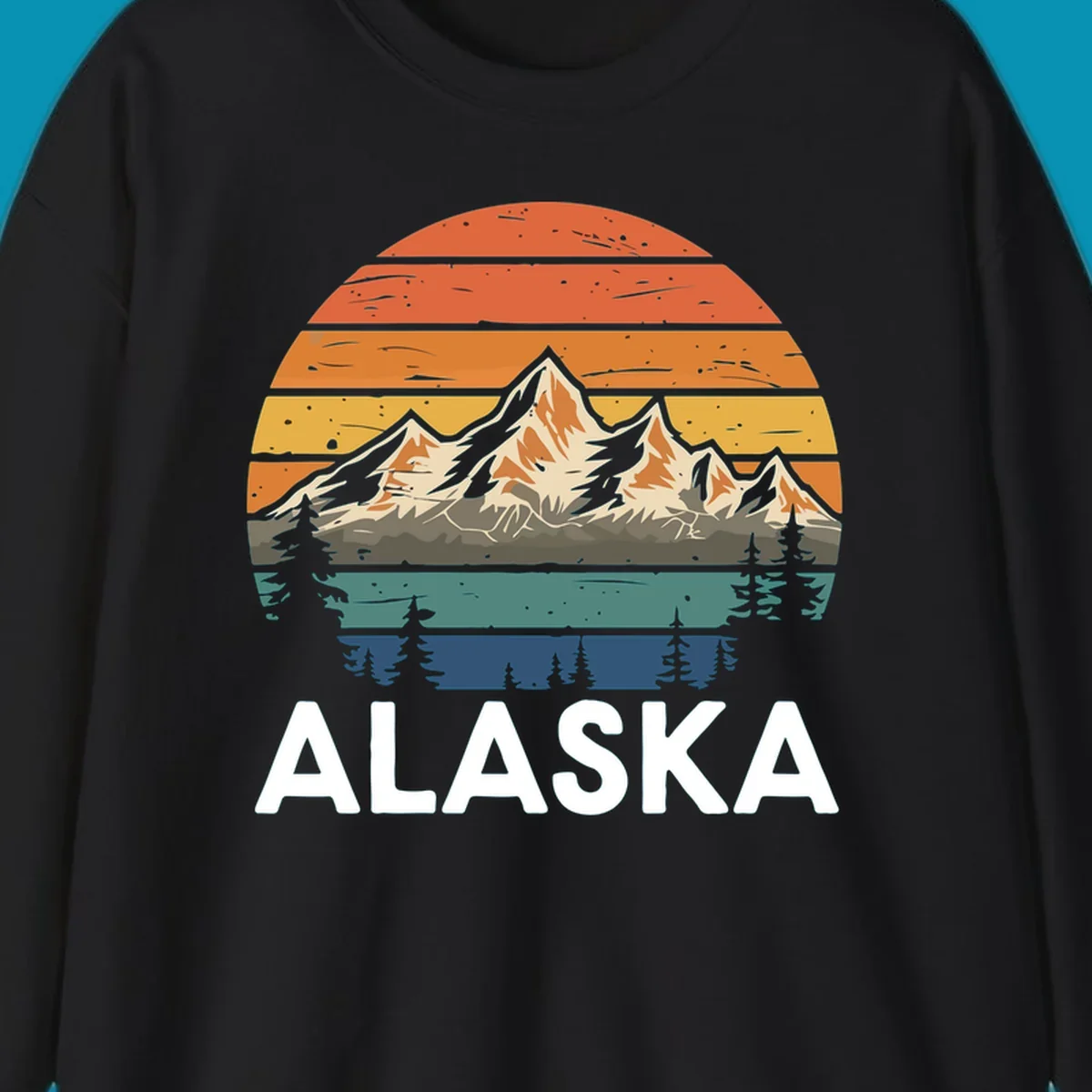 Retro mountain sunset illustration with layered horizontal stripes, snow-capped peaks, evergreen forests, and vintage 1970s color gradient sky.
