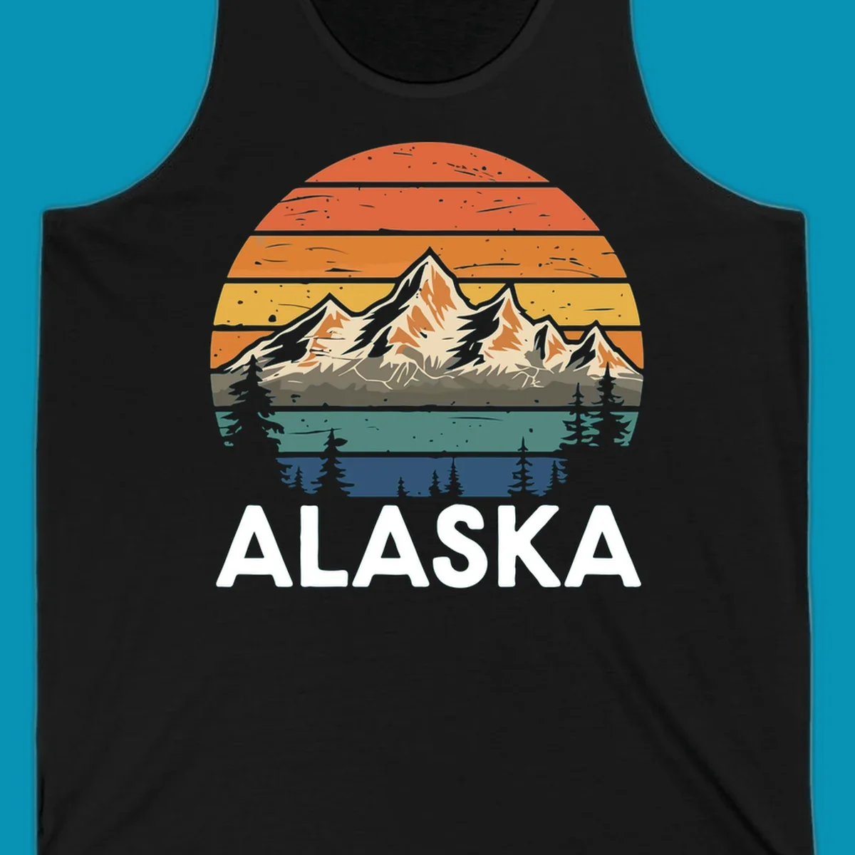 Retro mountain sunset illustration with layered horizontal stripes, snow-capped peaks, evergreen forests, and vintage 1970s color gradient sky.