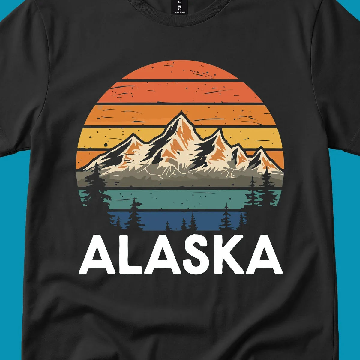 Retro mountain sunset illustration with layered horizontal stripes, snow-capped peaks, evergreen forests, and vintage 1970s color gradient sky.