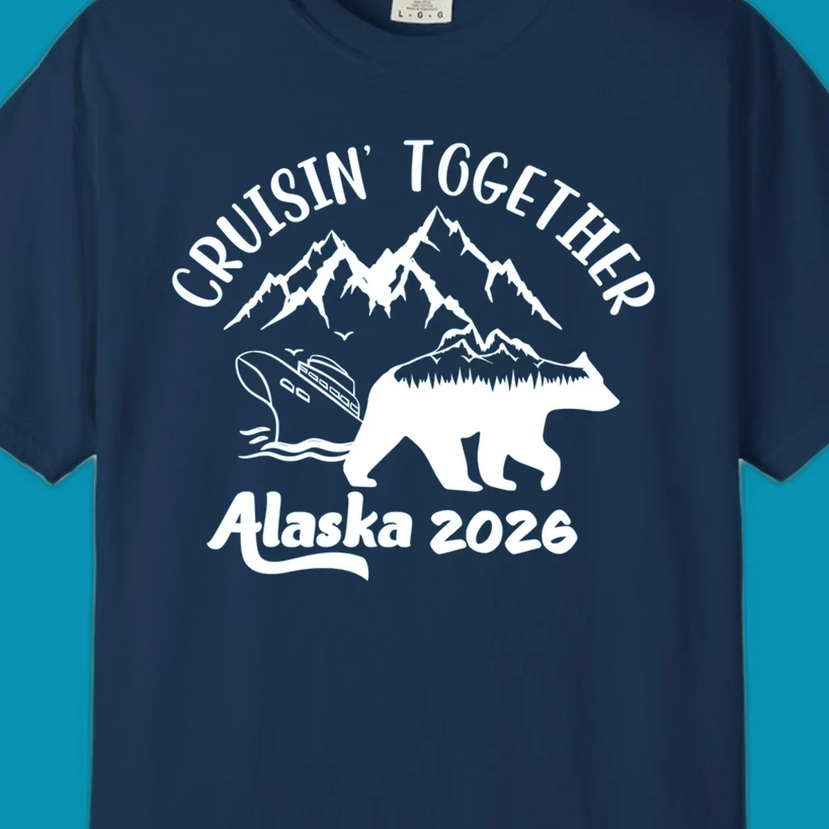 Cruisin Together Alaska 2026 design: bear silhouette filled with mountains and forest, surrounded by peaks, canoe, and water waves with text
