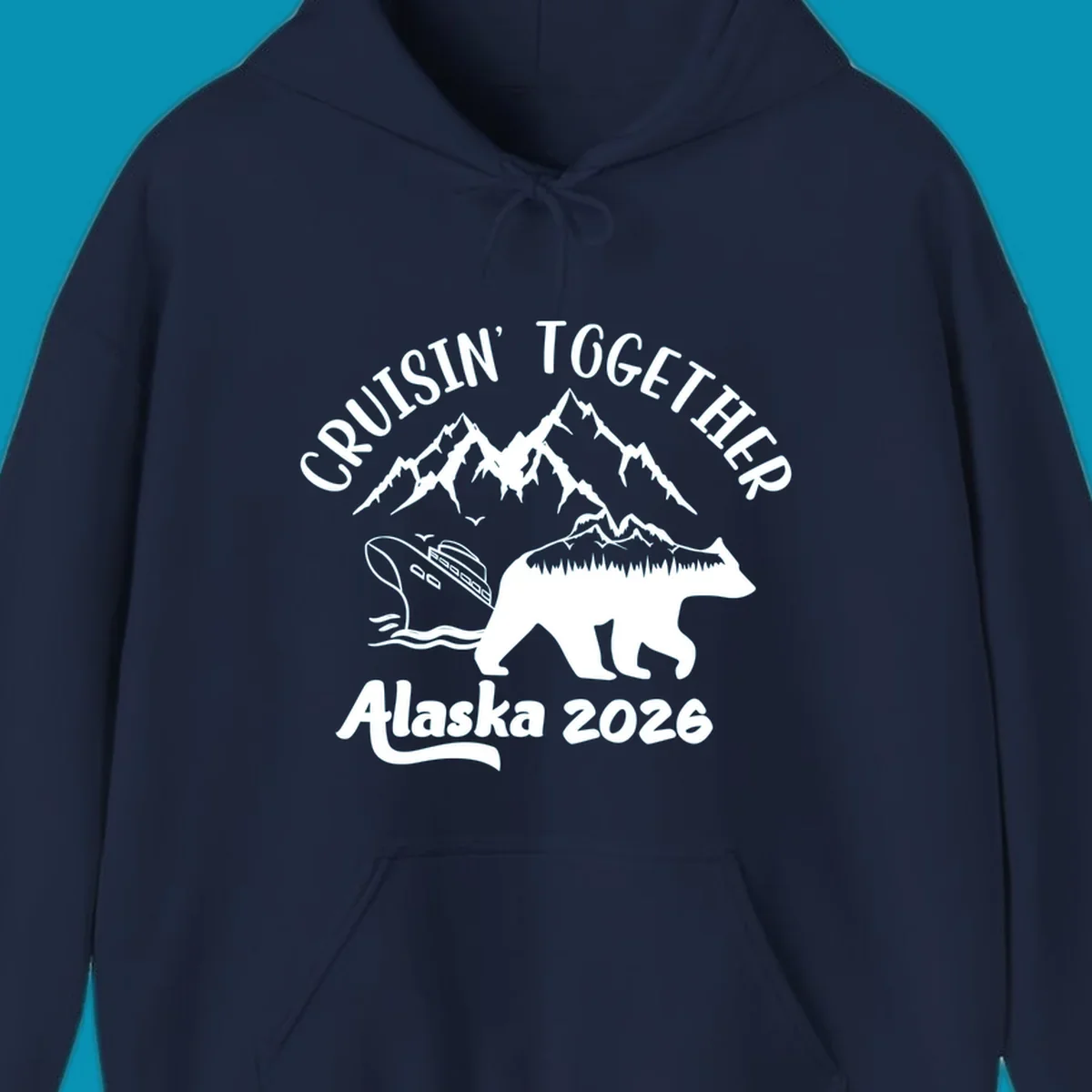 Cruisin Together Alaska 2026 design: bear silhouette filled with mountains and forest, surrounded by peaks, canoe, and water waves with text