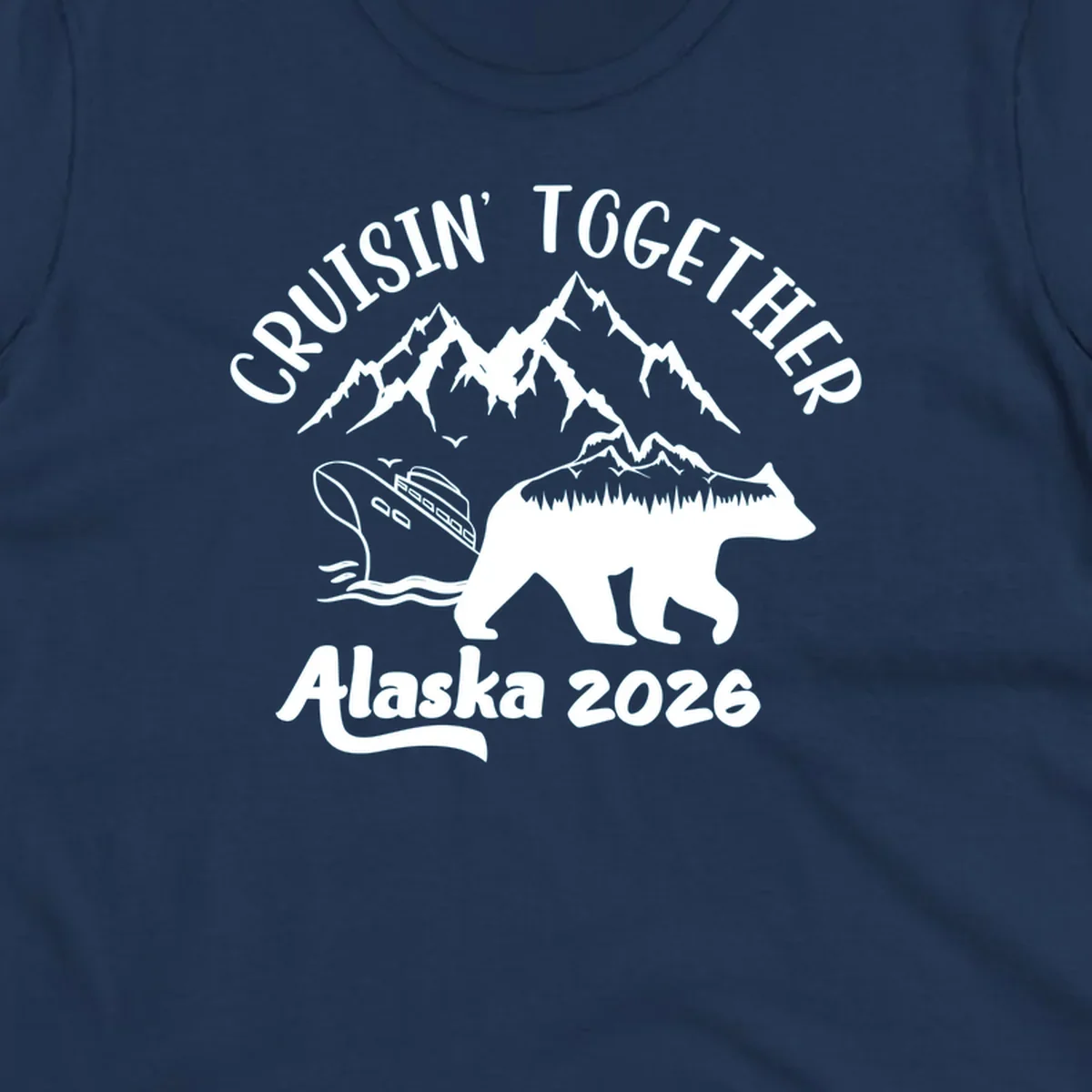 Cruisin Together Alaska 2026 design: bear silhouette filled with mountains and forest, surrounded by peaks, canoe, and water waves with text