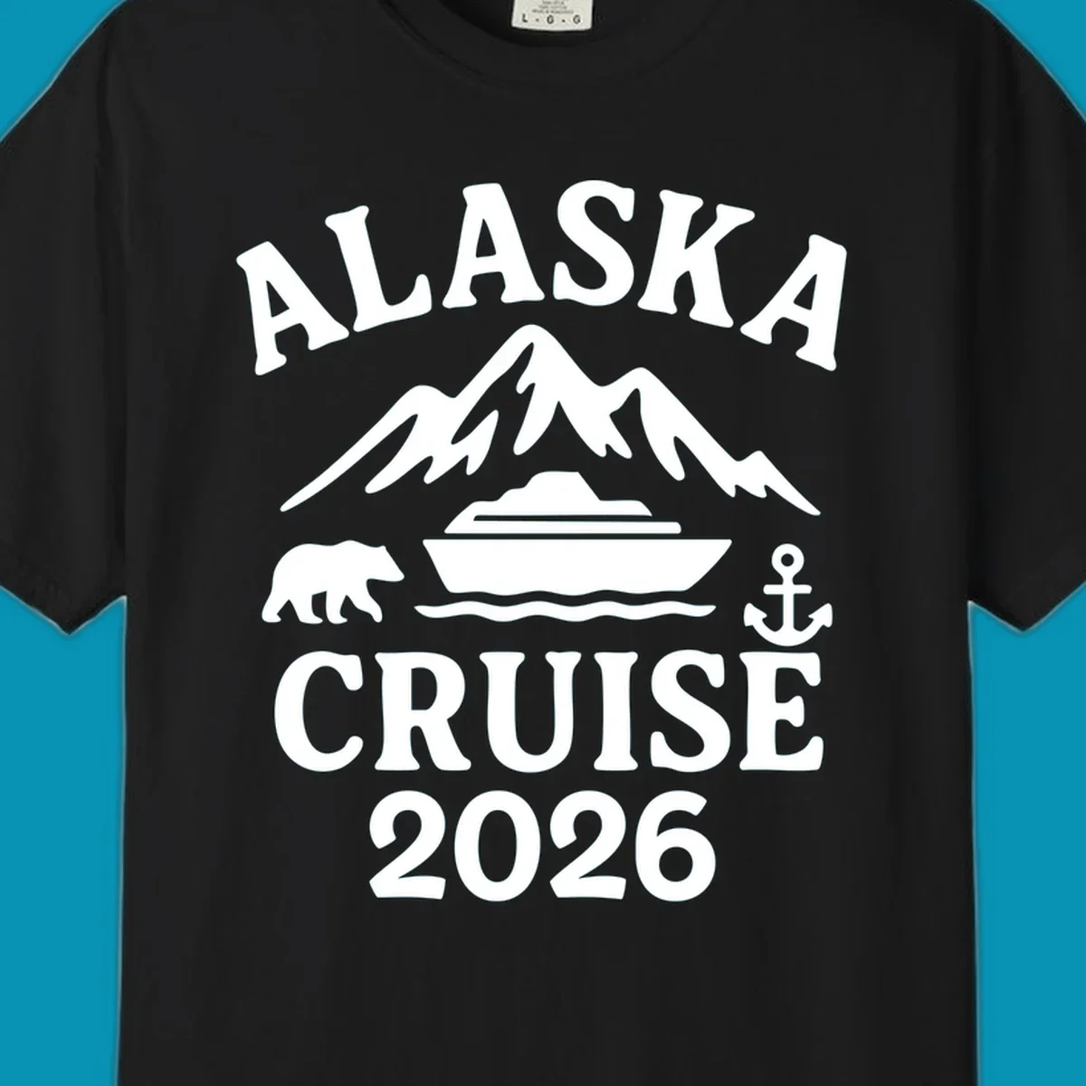 White Alaska Cruise 2026 design with snow mountain, cruise ship, bear, and anchor icons on gray background