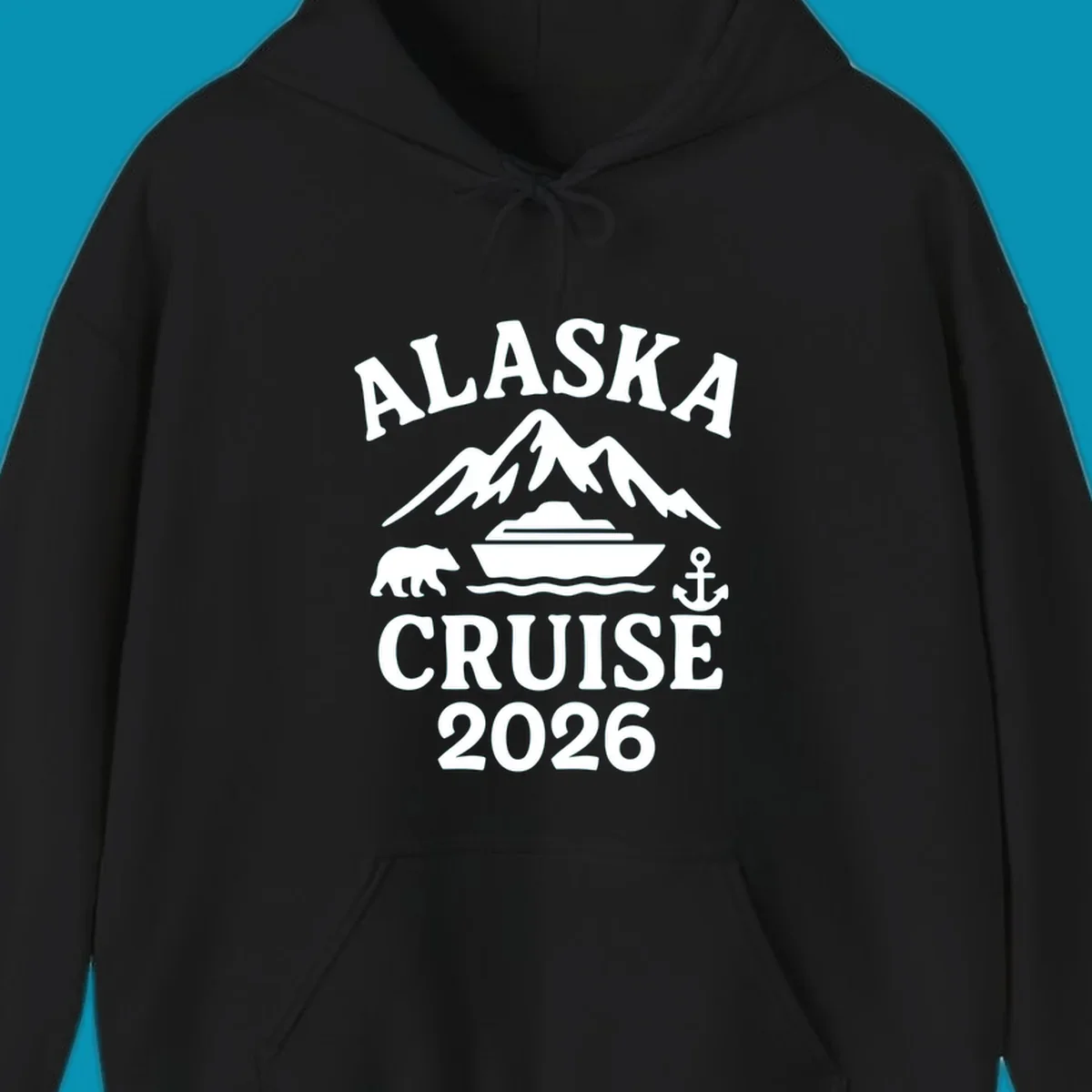 White Alaska Cruise 2026 design with snow mountain, cruise ship, bear, and anchor icons on gray background