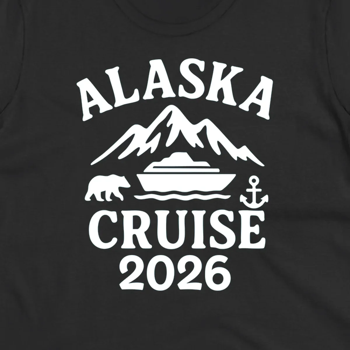 White Alaska Cruise 2026 design with snow mountain, cruise ship, bear, and anchor icons on gray background