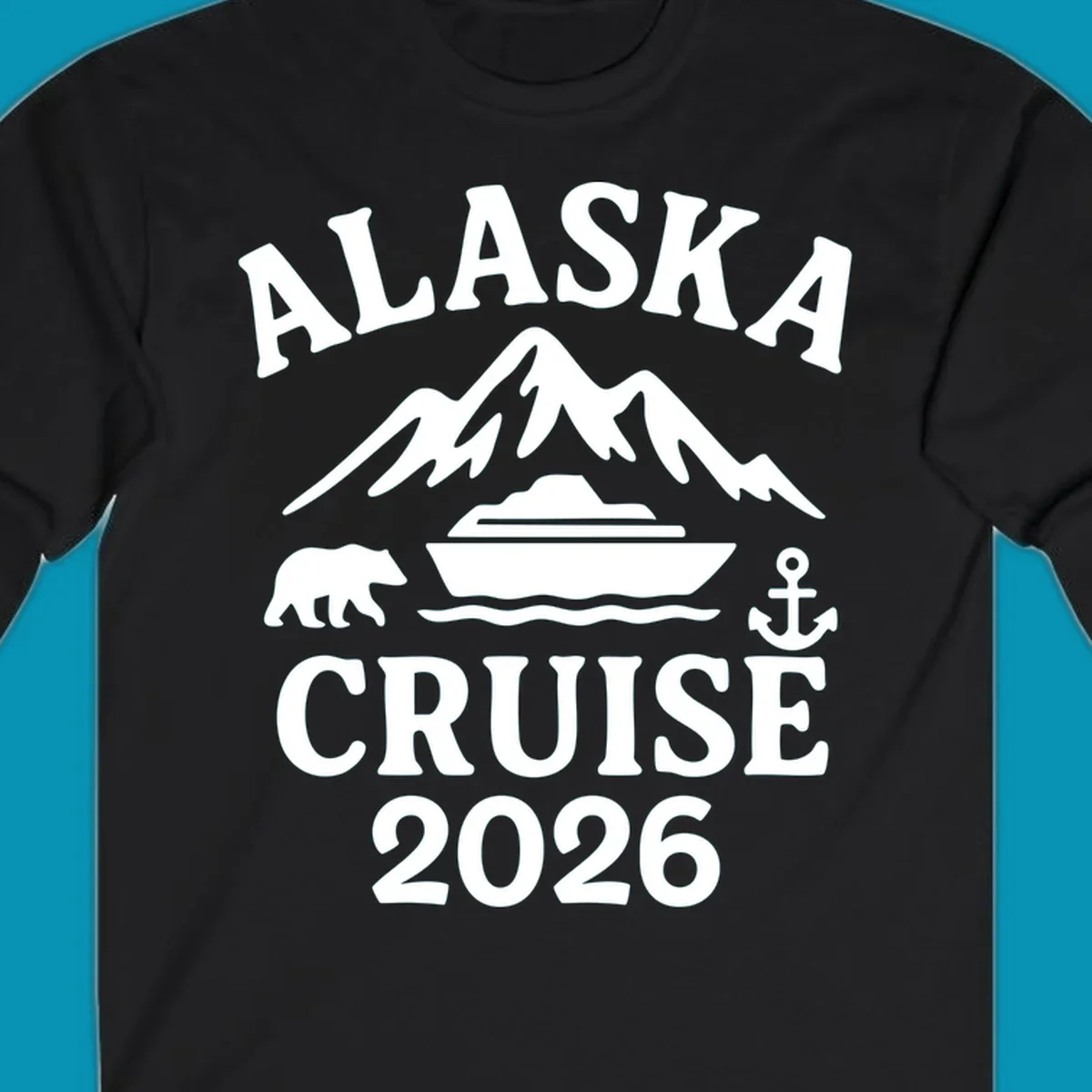 White Alaska Cruise 2026 design with snow mountain, cruise ship, bear, and anchor icons on gray background
