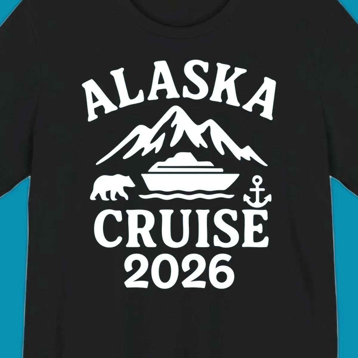 White Alaska Cruise 2026 design with snow mountain, cruise ship, bear, and anchor icons on gray background