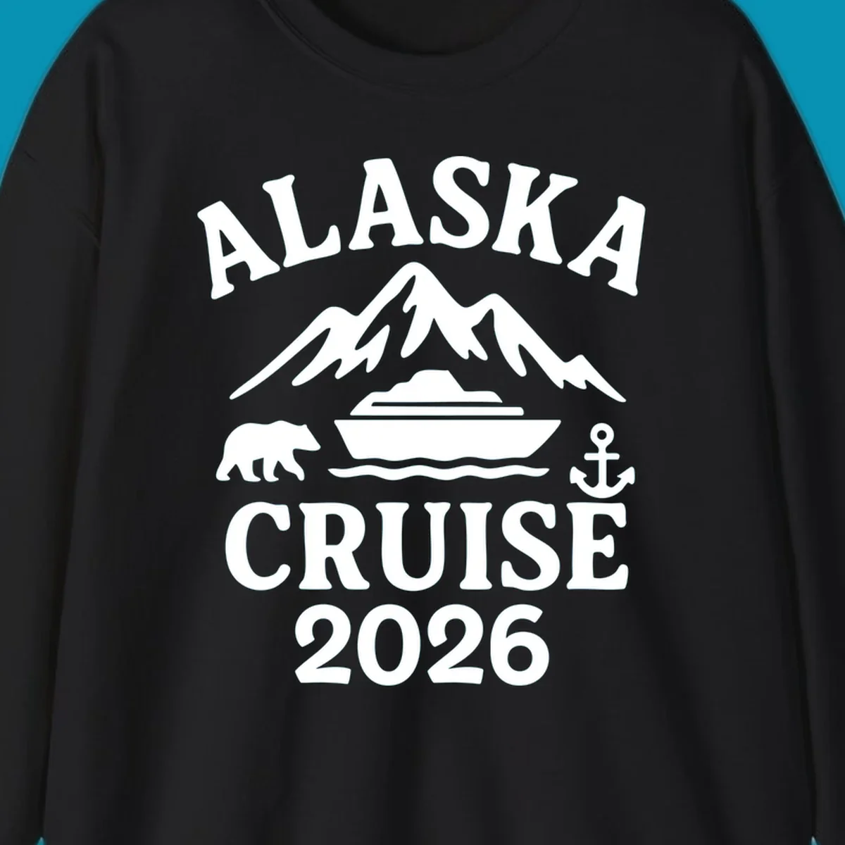 White Alaska Cruise 2026 design with snow mountain, cruise ship, bear, and anchor icons on gray background