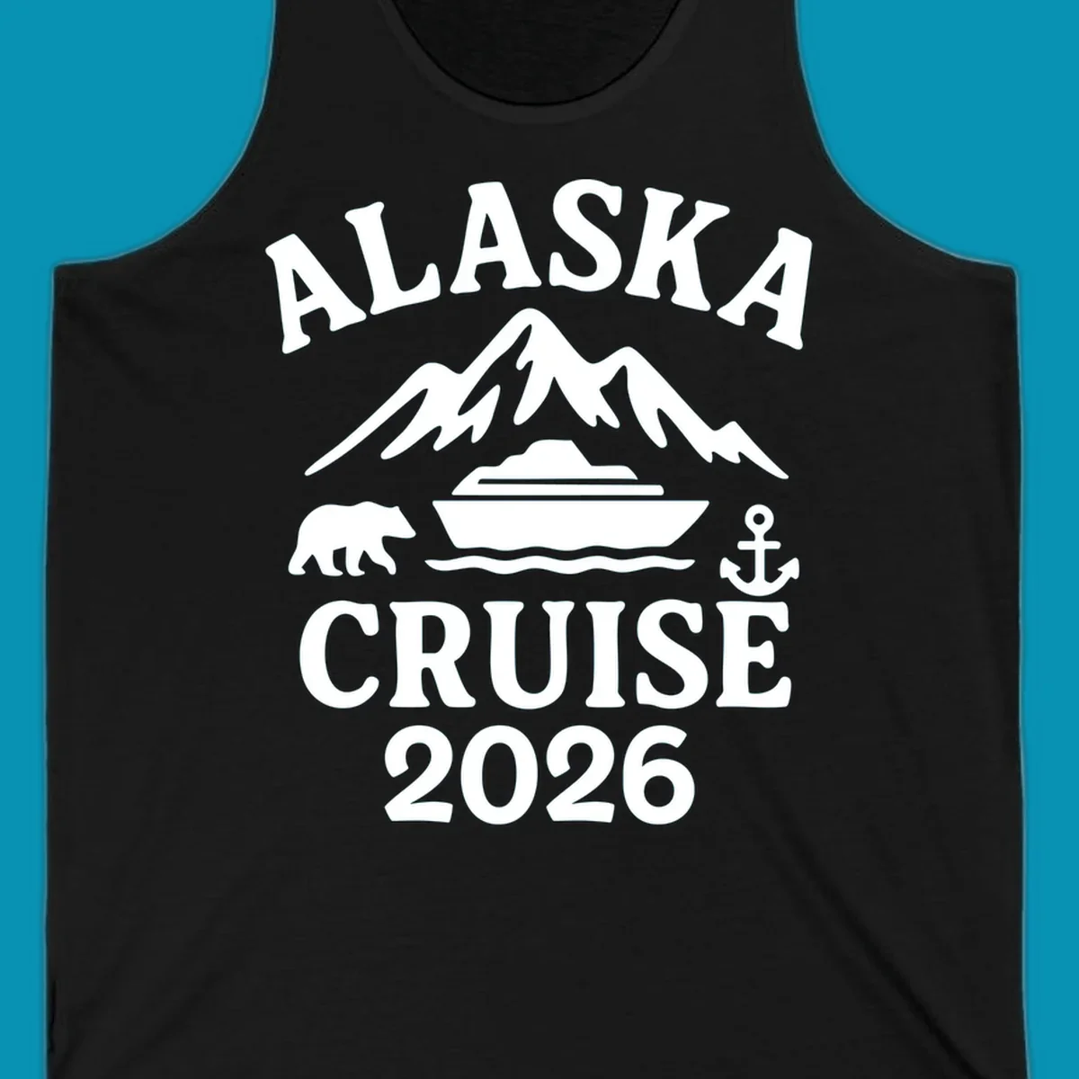 White Alaska Cruise 2026 design with snow mountain, cruise ship, bear, and anchor icons on gray background
