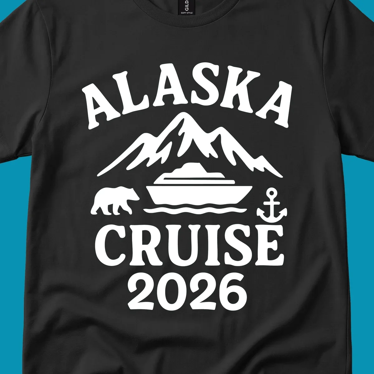 White Alaska Cruise 2026 design with snow mountain, cruise ship, bear, and anchor icons on gray background