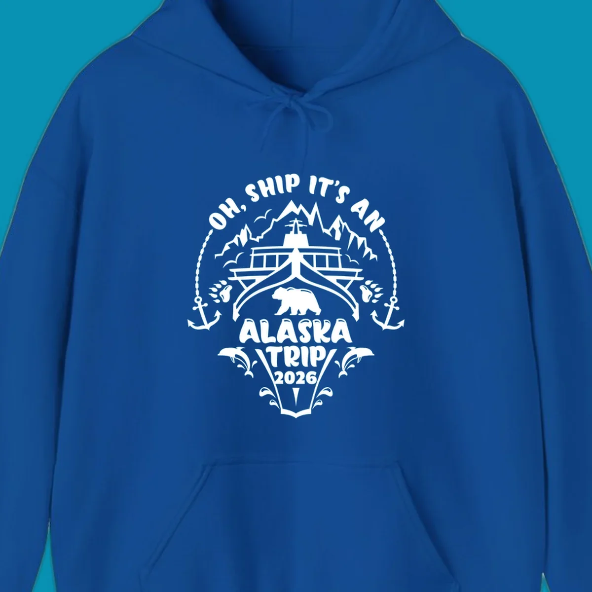Oh Ship It's An Alaska Trip 2026 cruise design with ship, bear, mountains, anchors and whale splashes