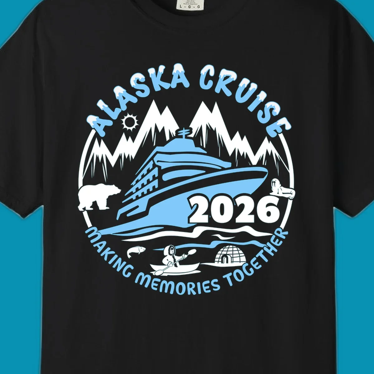 Alaska cruise making memories together circular badge with cruise ship and ocean waves illustration
