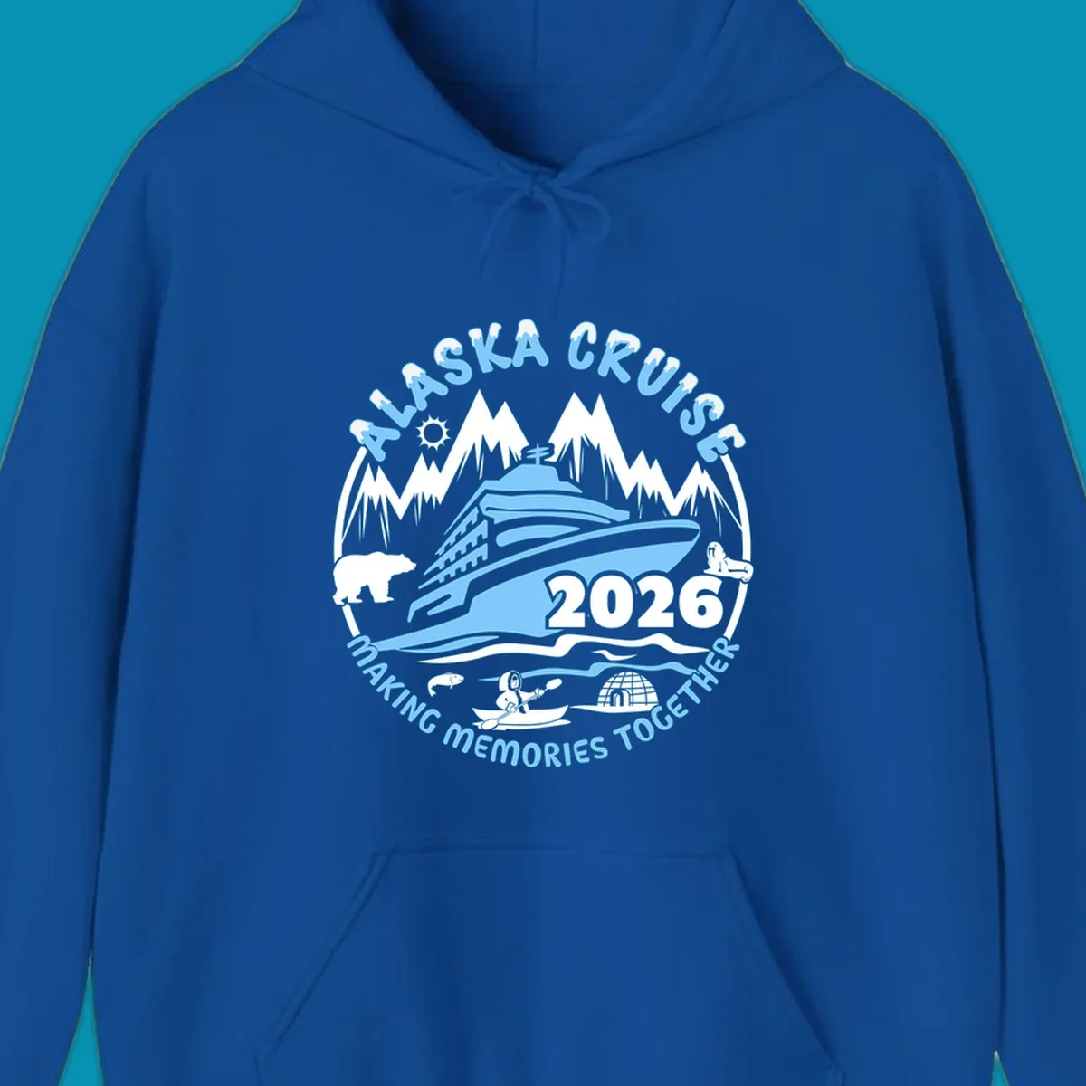 Alaska cruise making memories together circular badge with cruise ship and ocean waves illustration