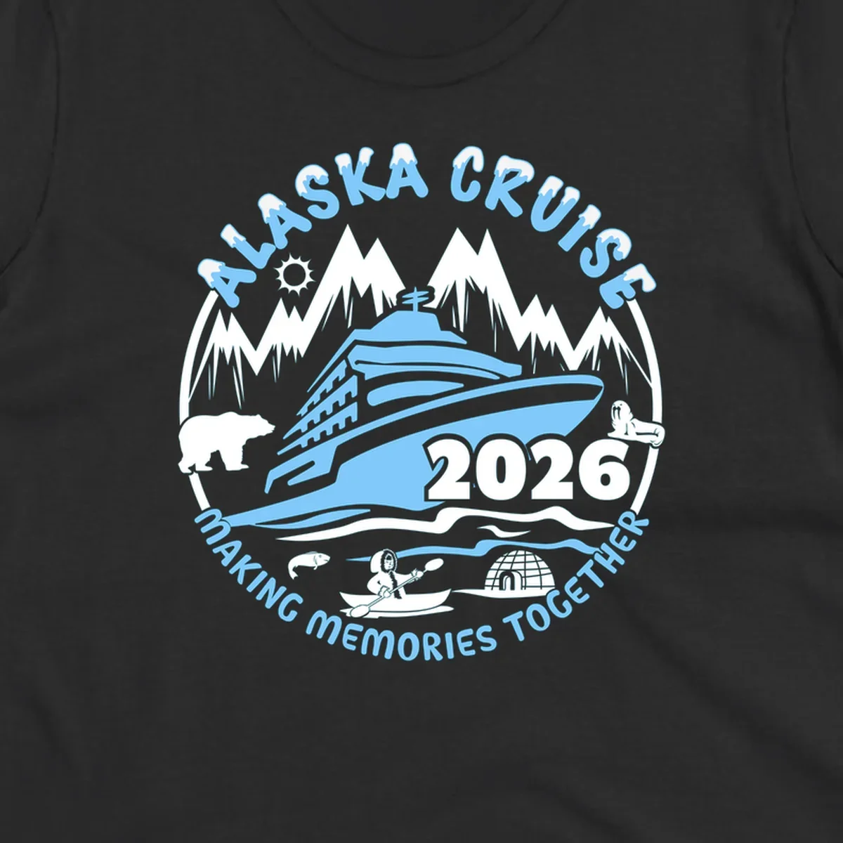 Alaska cruise making memories together circular badge with cruise ship and ocean waves illustration