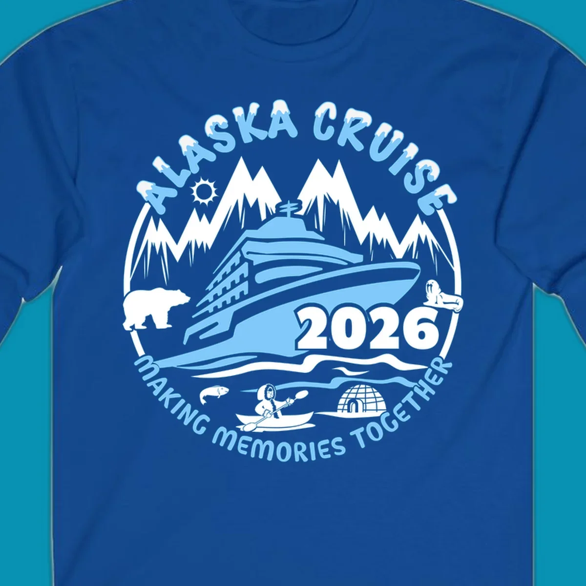 Alaska cruise making memories together circular badge with cruise ship and ocean waves illustration