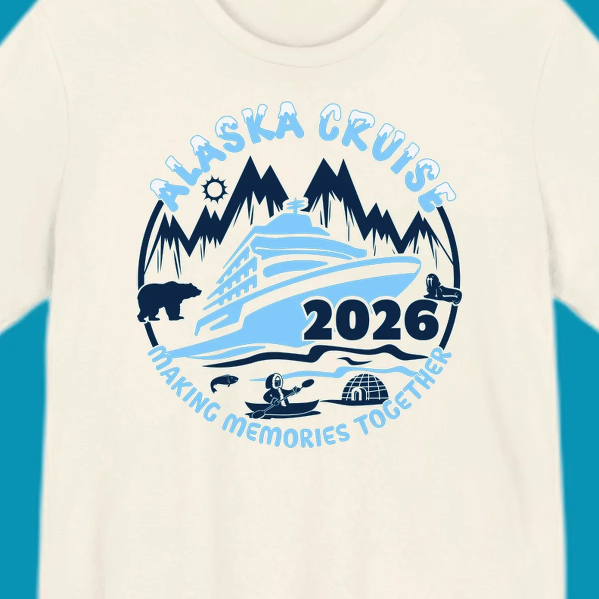 Alaska cruise making memories together circular badge with cruise ship and ocean waves illustration