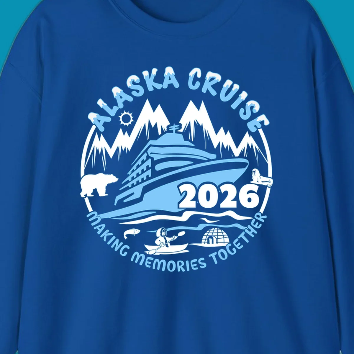Alaska cruise making memories together circular badge with cruise ship and ocean waves illustration