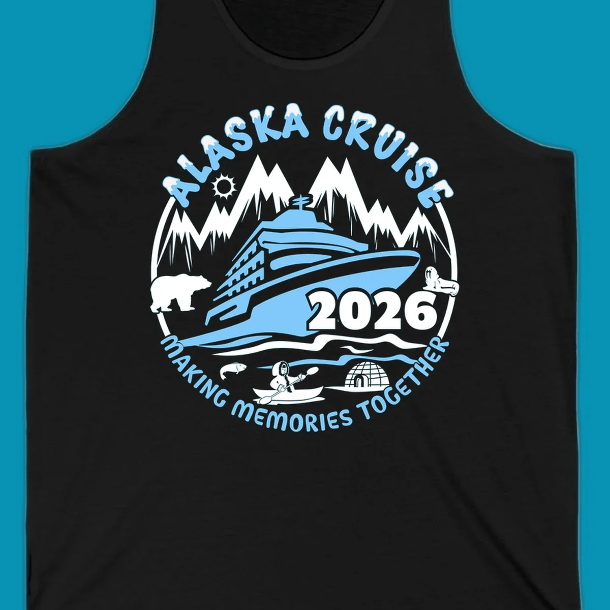 Alaska cruise making memories together circular badge with cruise ship and ocean waves illustration