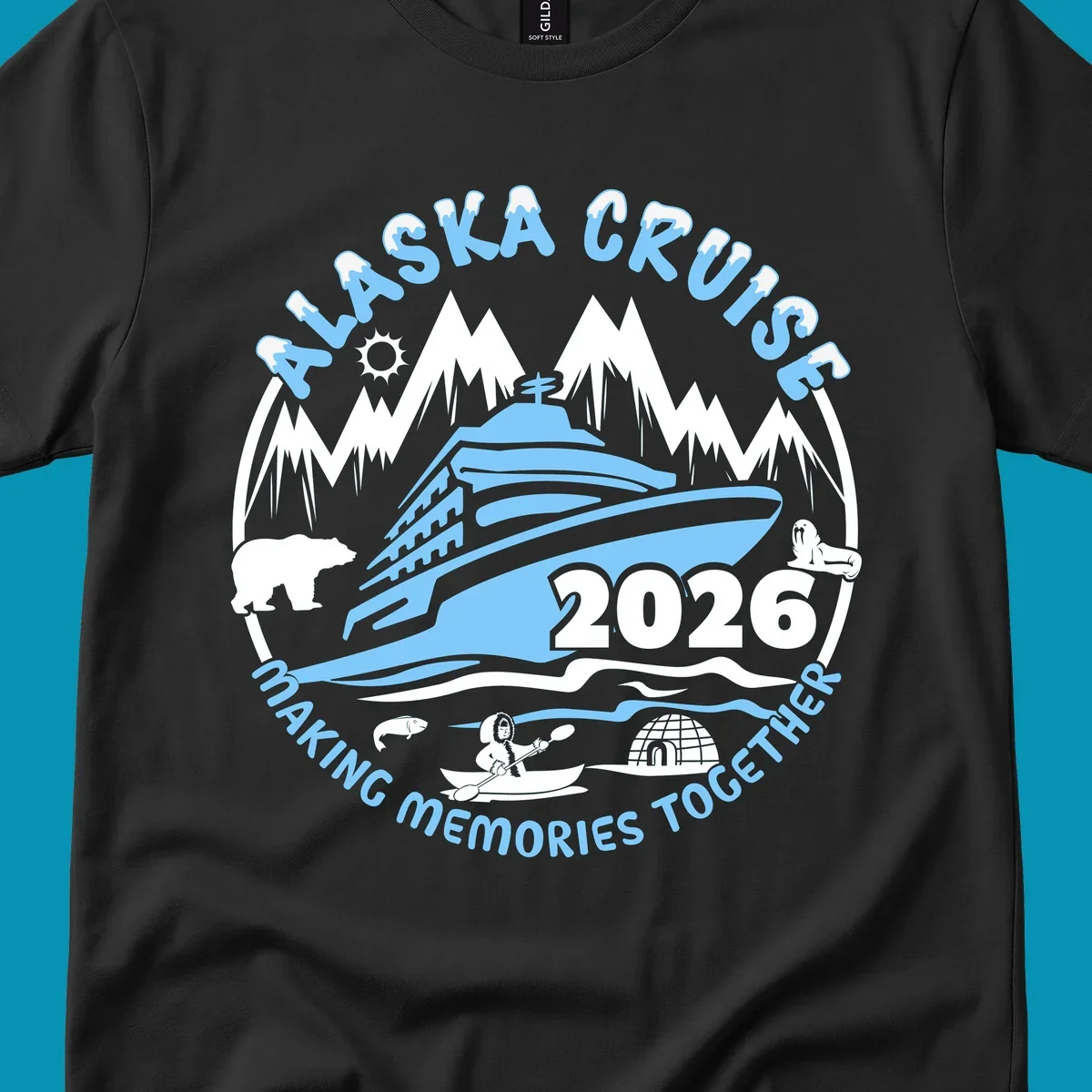 Alaska cruise making memories together circular badge with cruise ship and ocean waves illustration