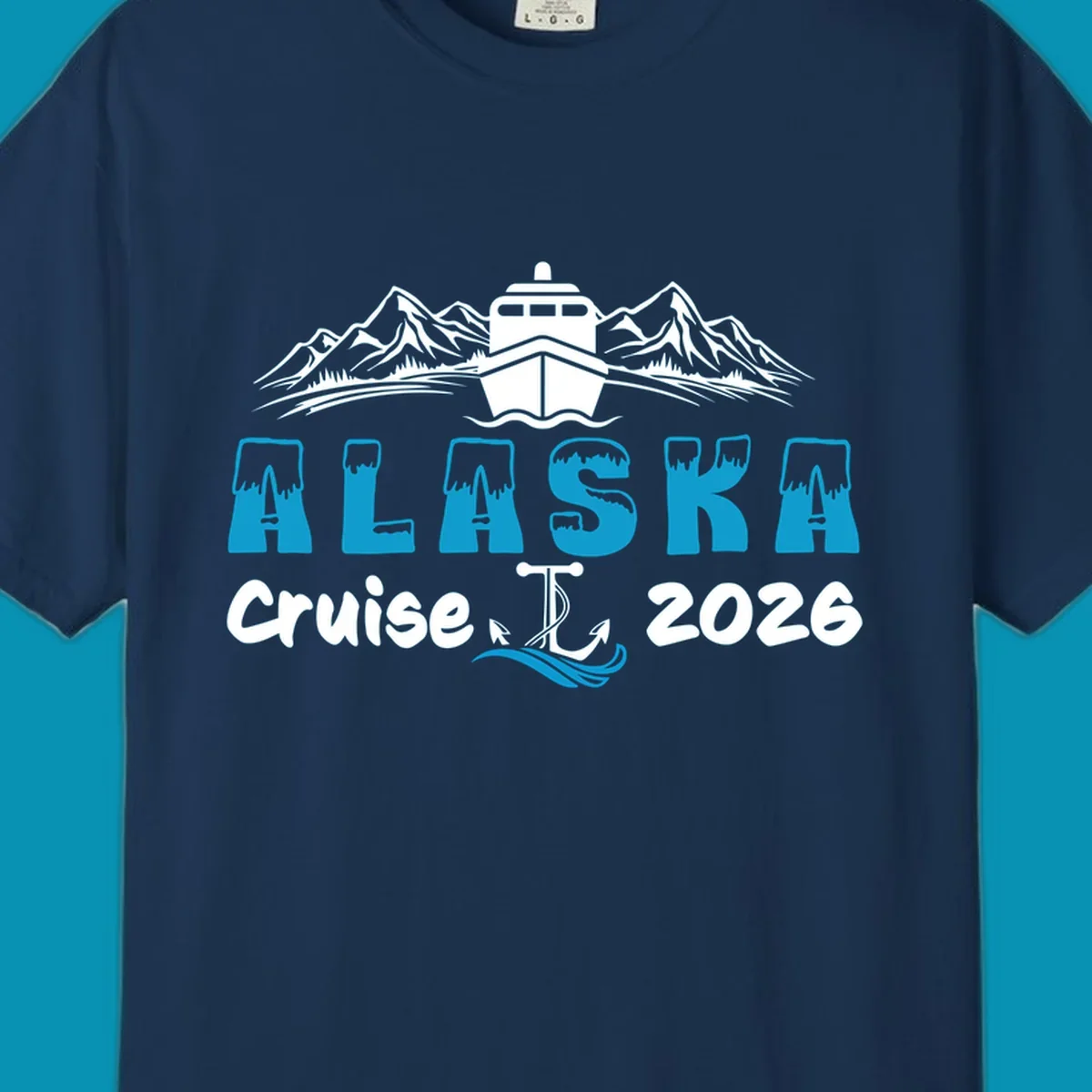 Alaska snow peak lettering design with frosted, icy-topped letters and decorative wave element in blue and white.