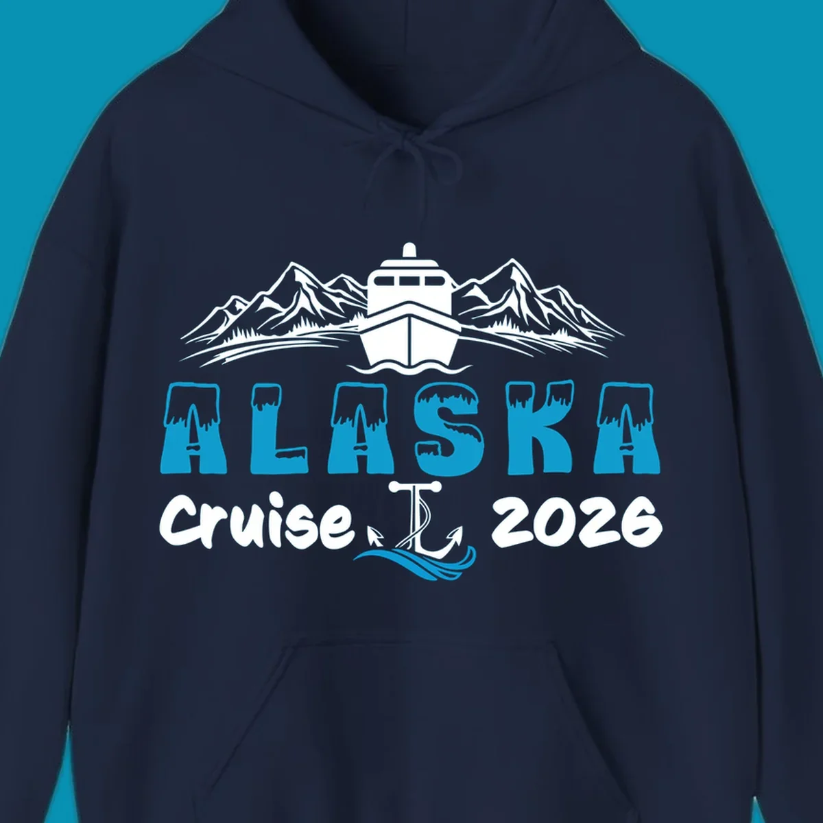 Alaska snow peak lettering design with frosted, icy-topped letters and decorative wave element in blue and white.