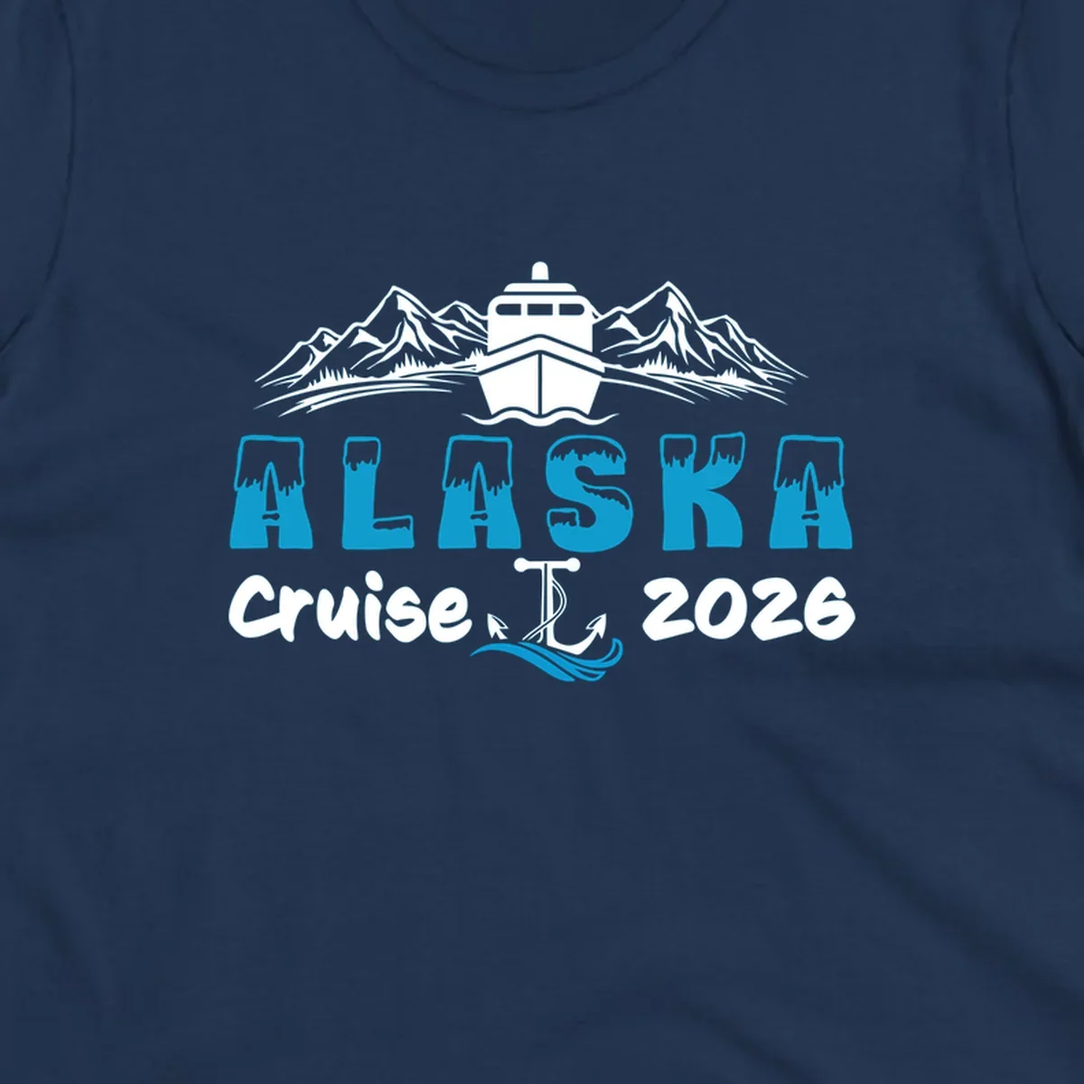 Alaska snow peak lettering design with frosted, icy-topped letters and decorative wave element in blue and white.