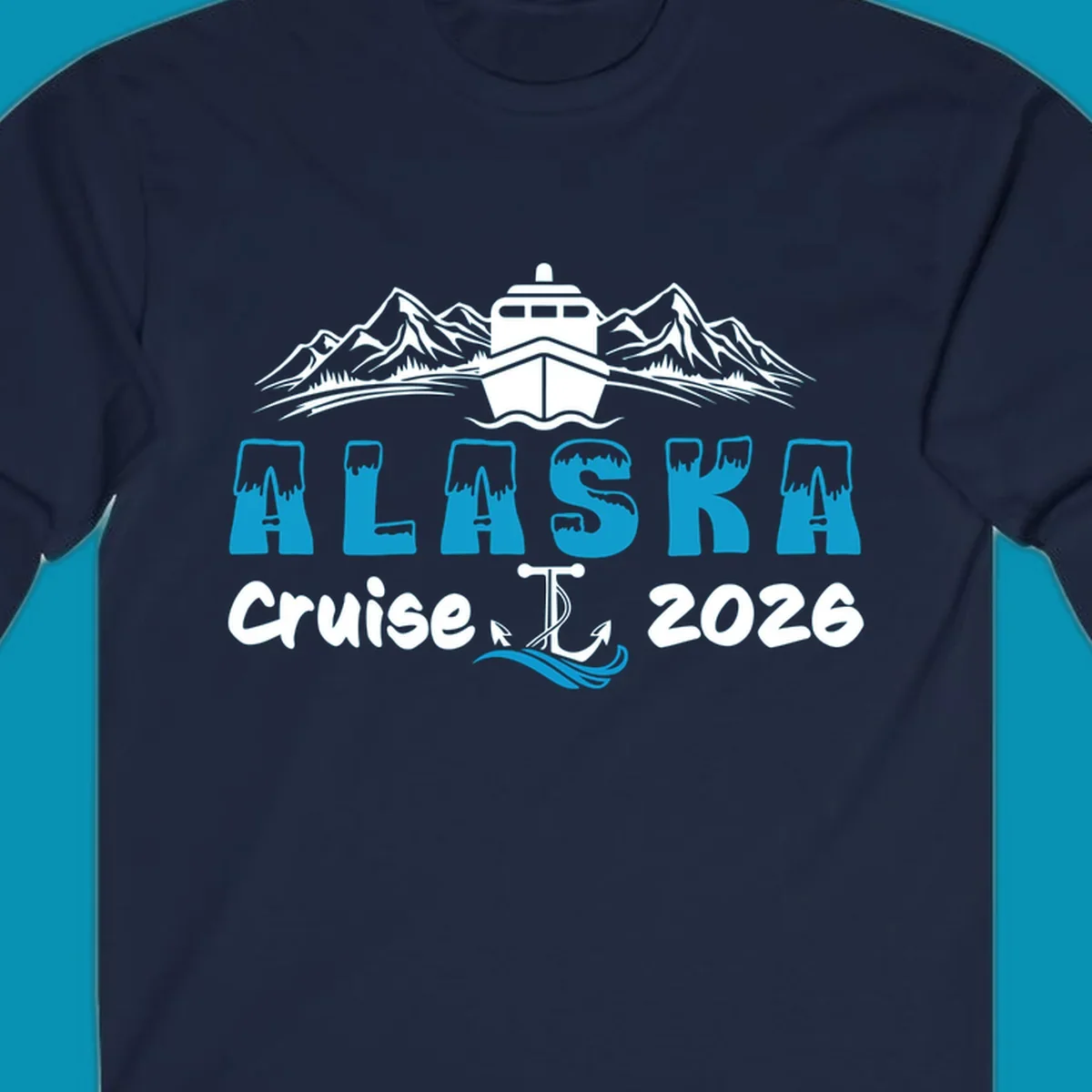Alaska snow peak lettering design with frosted, icy-topped letters and decorative wave element in blue and white.