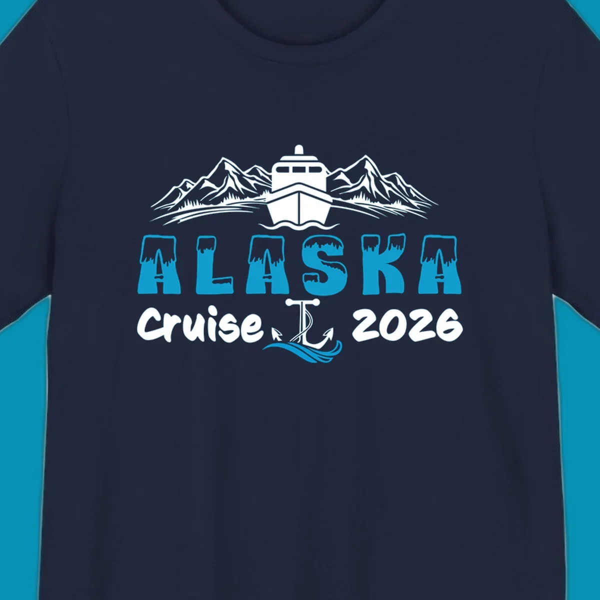 Alaska snow peak lettering design with frosted, icy-topped letters and decorative wave element in blue and white.