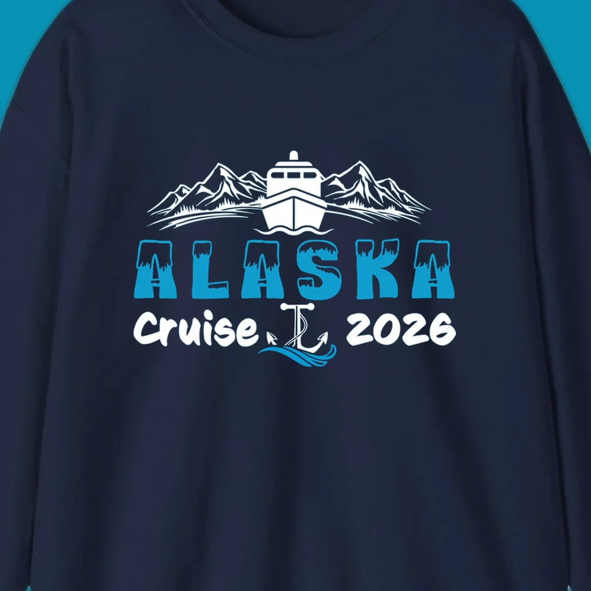 Alaska snow peak lettering design with frosted, icy-topped letters and decorative wave element in blue and white.