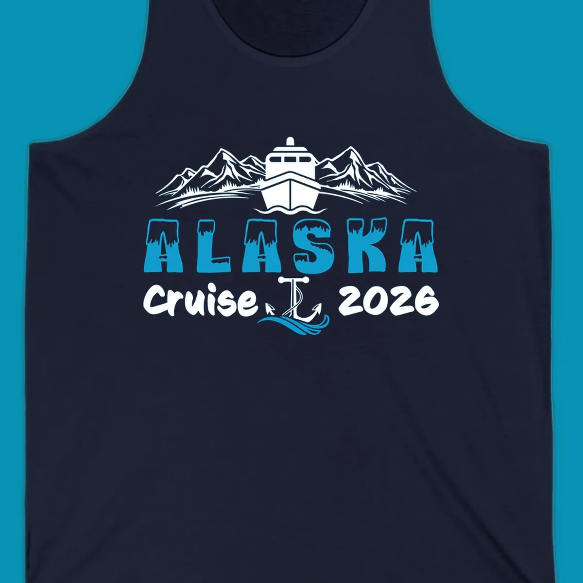 Alaska snow peak lettering design with frosted, icy-topped letters and decorative wave element in blue and white.