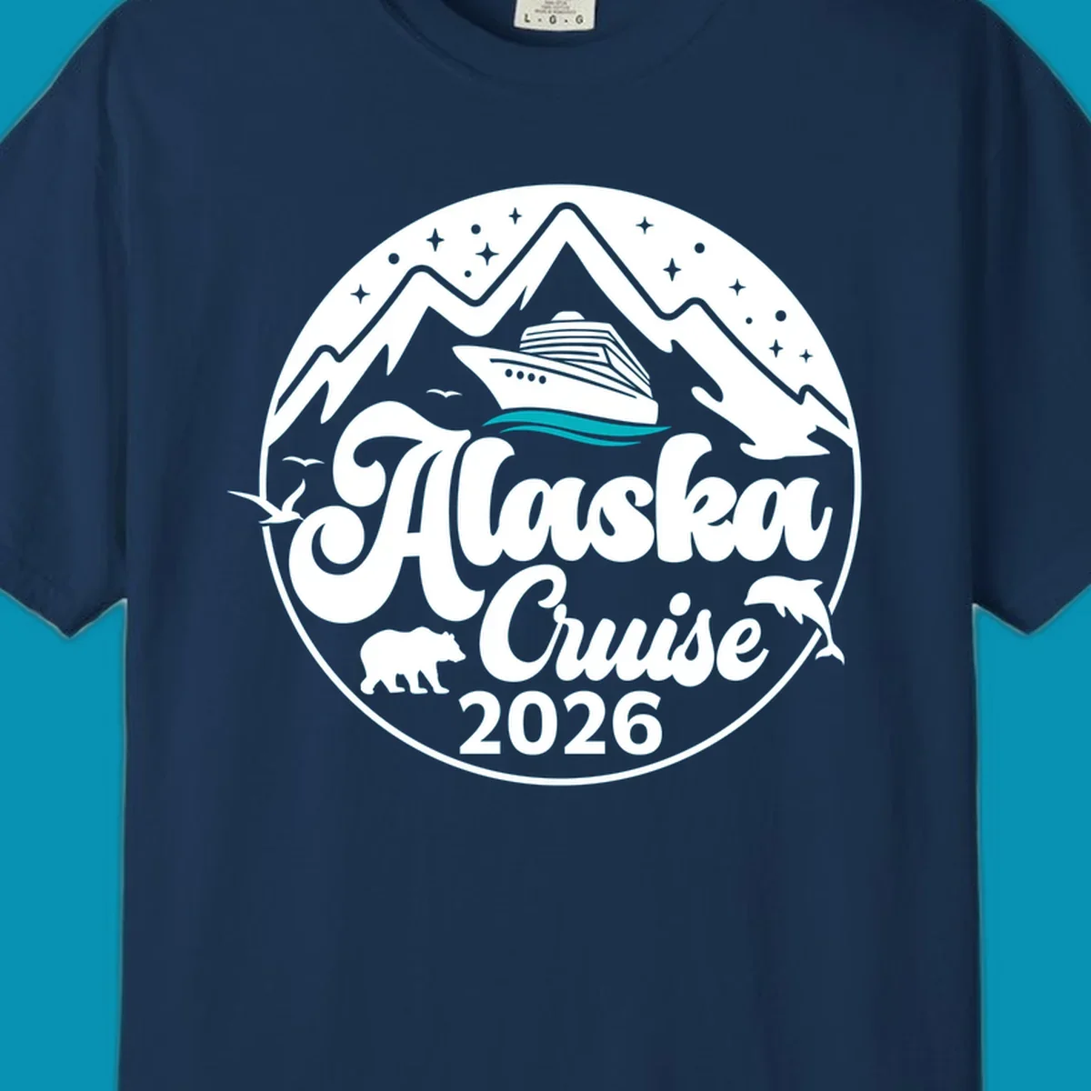 Minimalist teal and turquoise layered ocean waves design representing Alaska's coastal waters