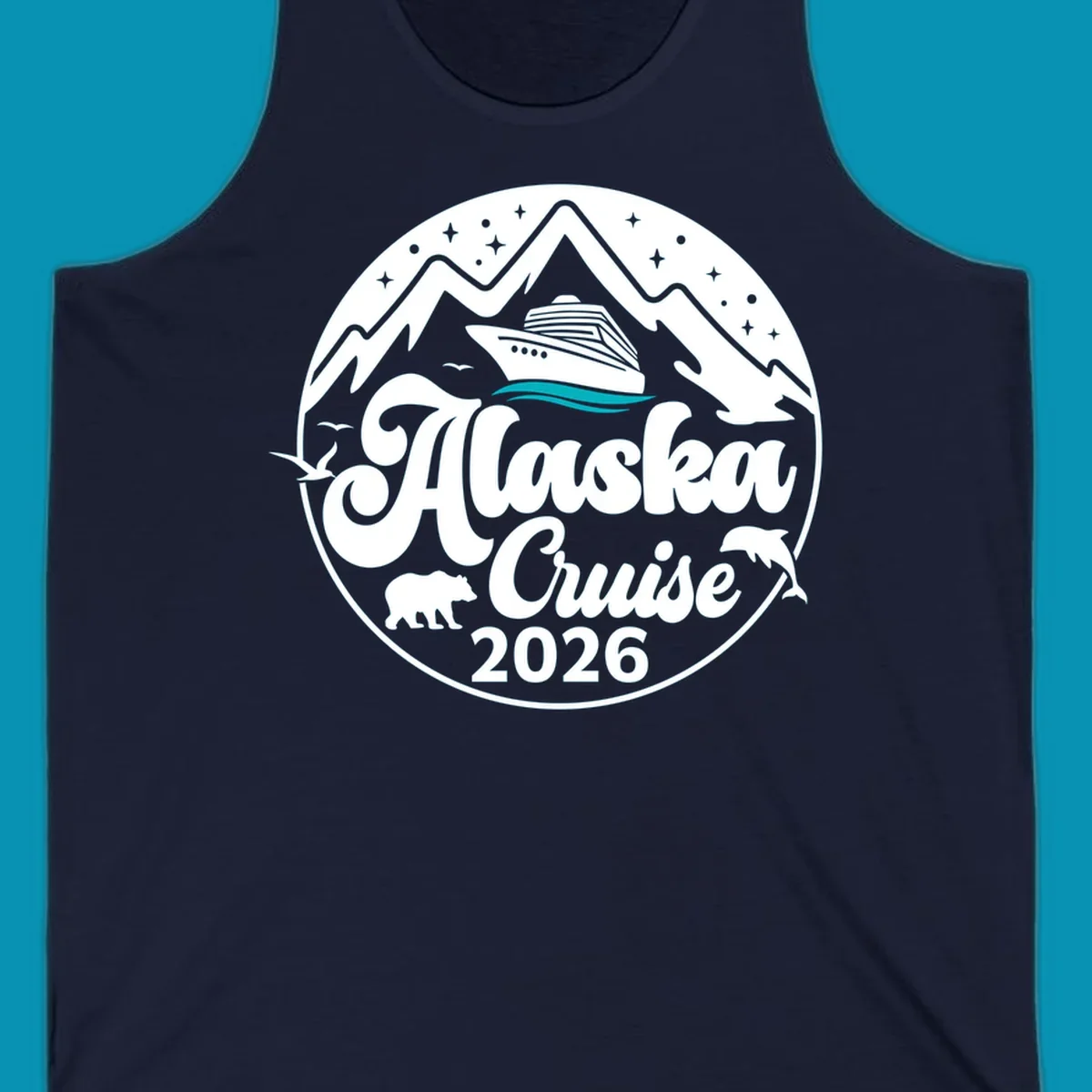 Minimalist teal and turquoise layered ocean waves design representing Alaska's coastal waters