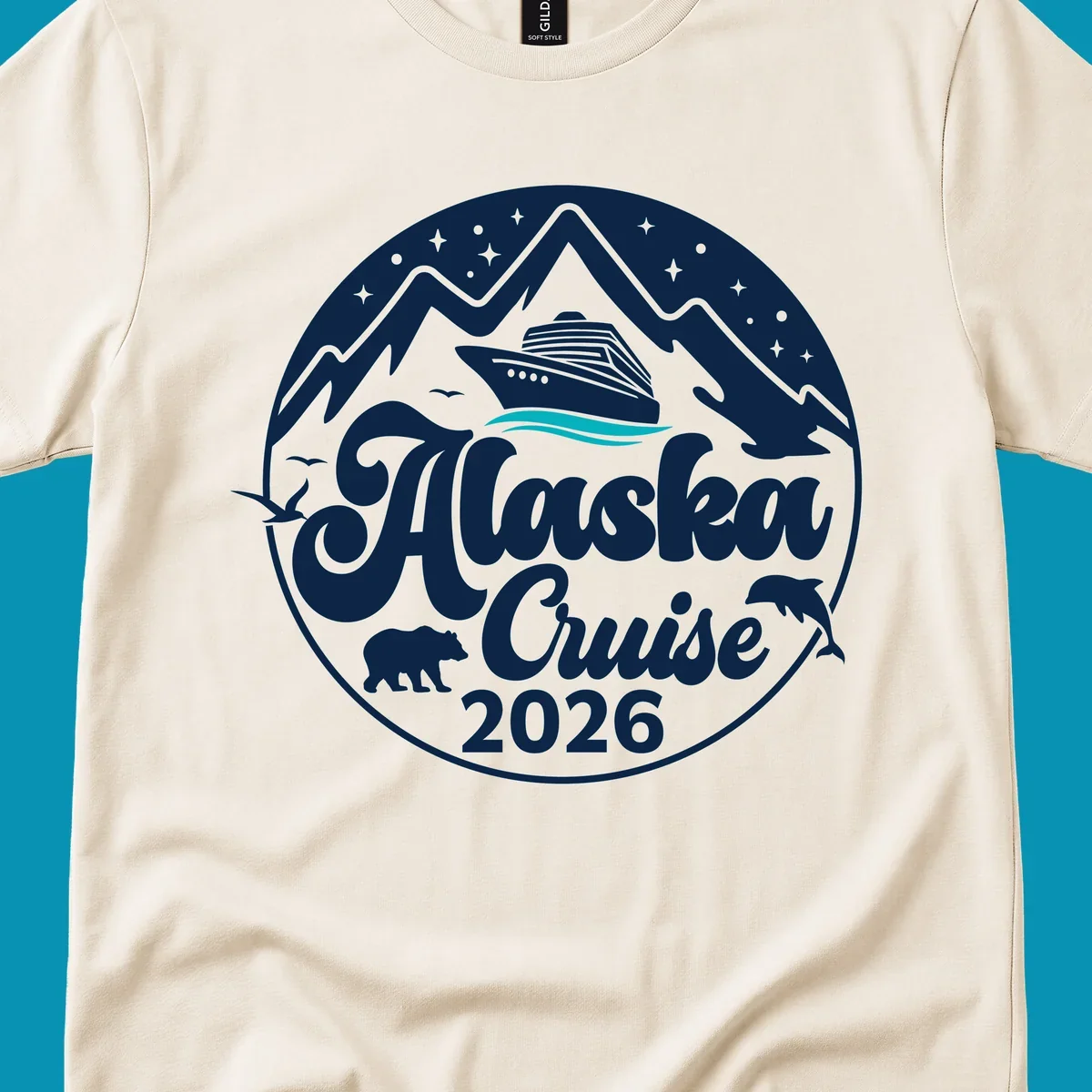 Minimalist teal and turquoise layered ocean waves design representing Alaska's coastal waters