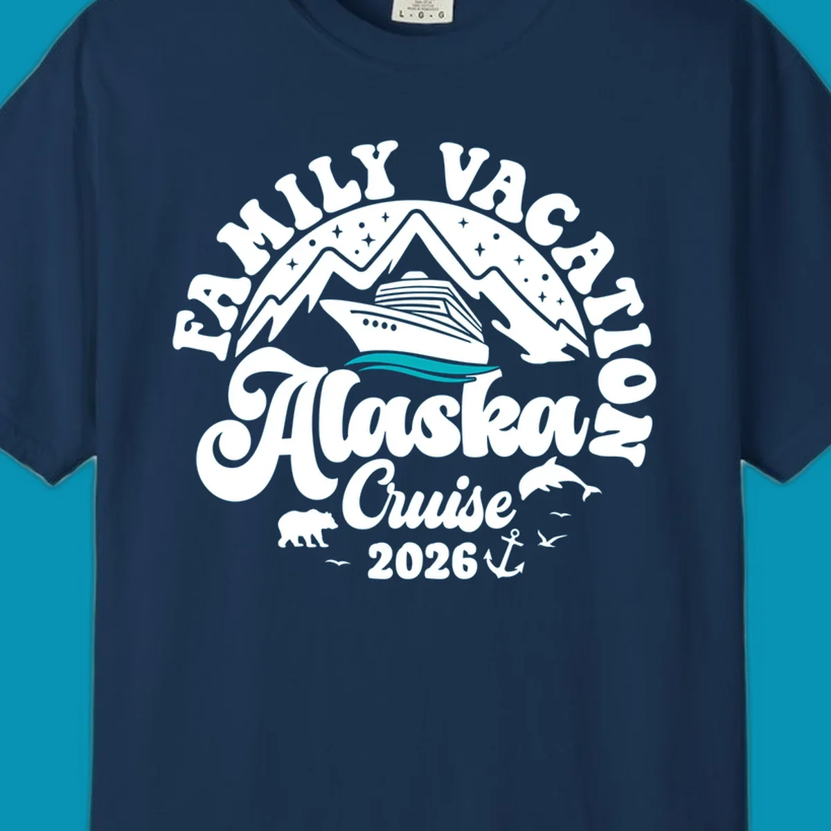 Minimalist design of two flowing teal ocean waves representing Alaska's serene waters and cruise journey.