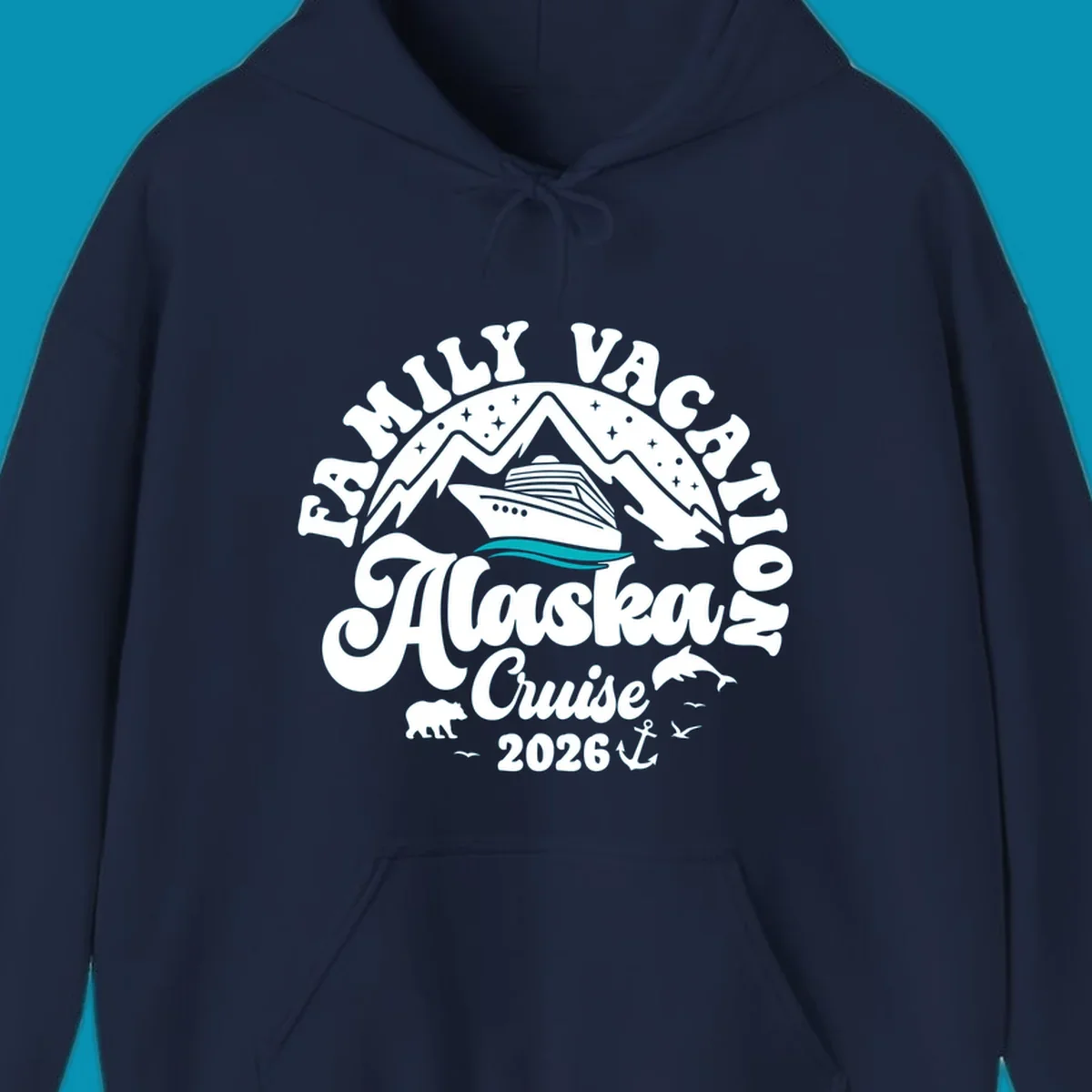 Minimalist design of two flowing teal ocean waves representing Alaska's serene waters and cruise journey.