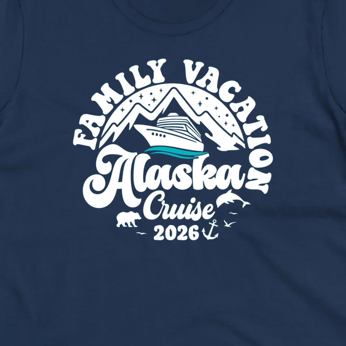 Minimalist design of two flowing teal ocean waves representing Alaska's serene waters and cruise journey.