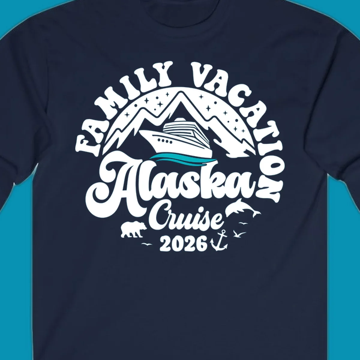 Minimalist design of two flowing teal ocean waves representing Alaska's serene waters and cruise journey.