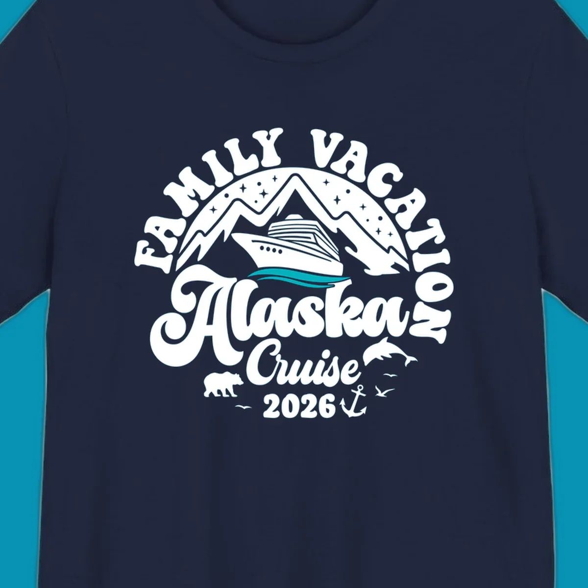 Minimalist design of two flowing teal ocean waves representing Alaska's serene waters and cruise journey.
