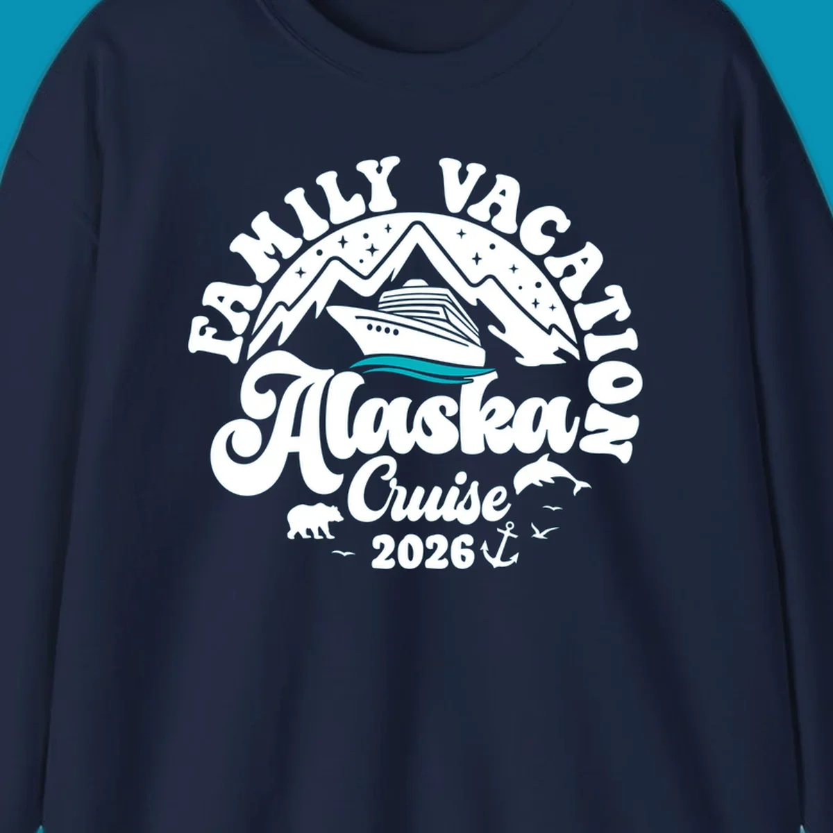 Minimalist design of two flowing teal ocean waves representing Alaska's serene waters and cruise journey.
