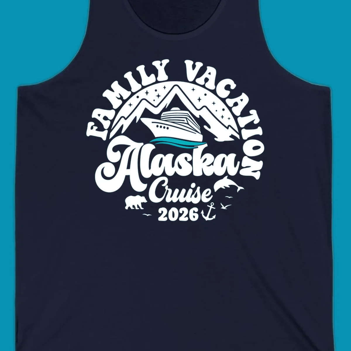 Minimalist design of two flowing teal ocean waves representing Alaska's serene waters and cruise journey.