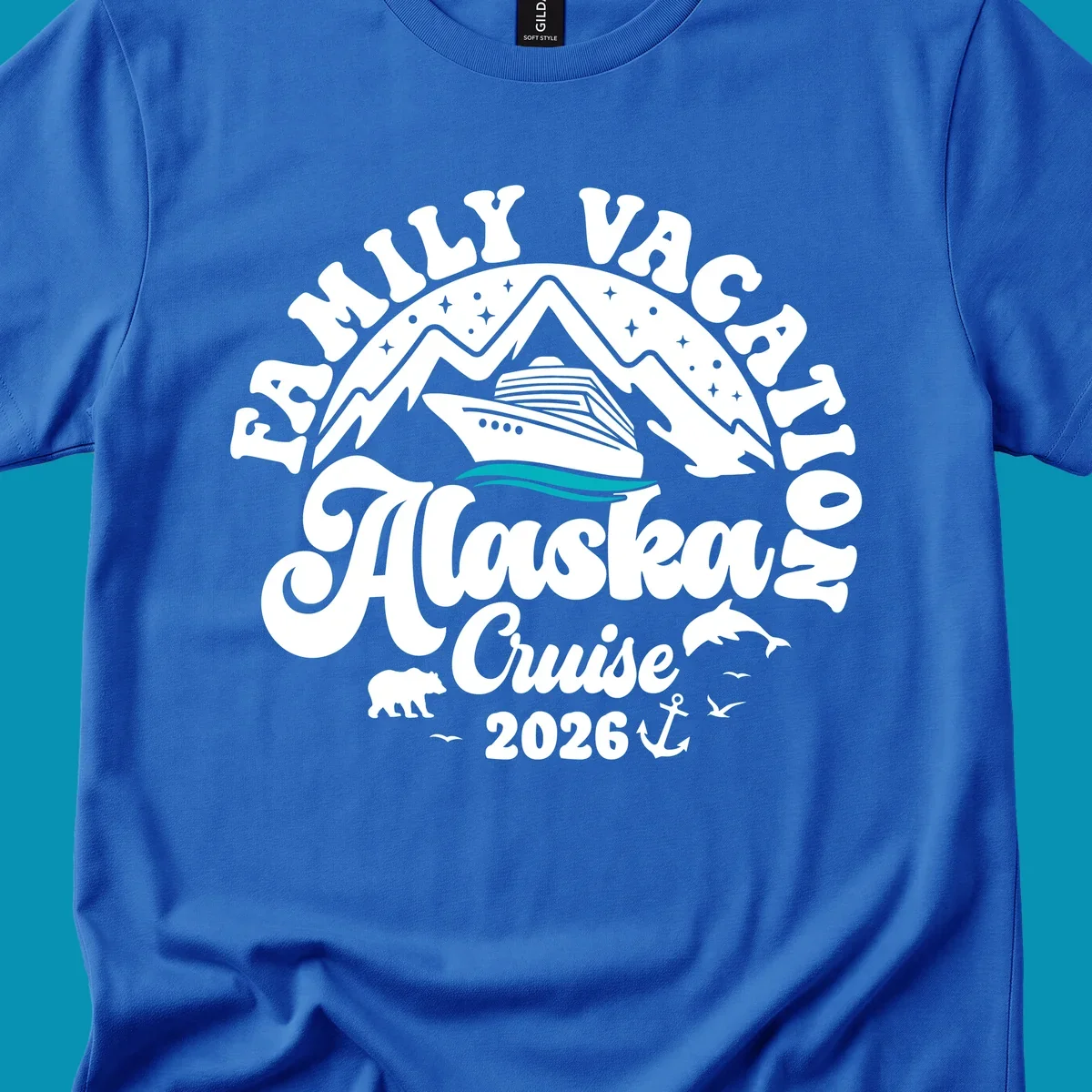 Minimalist design of two flowing teal ocean waves representing Alaska's serene waters and cruise journey.