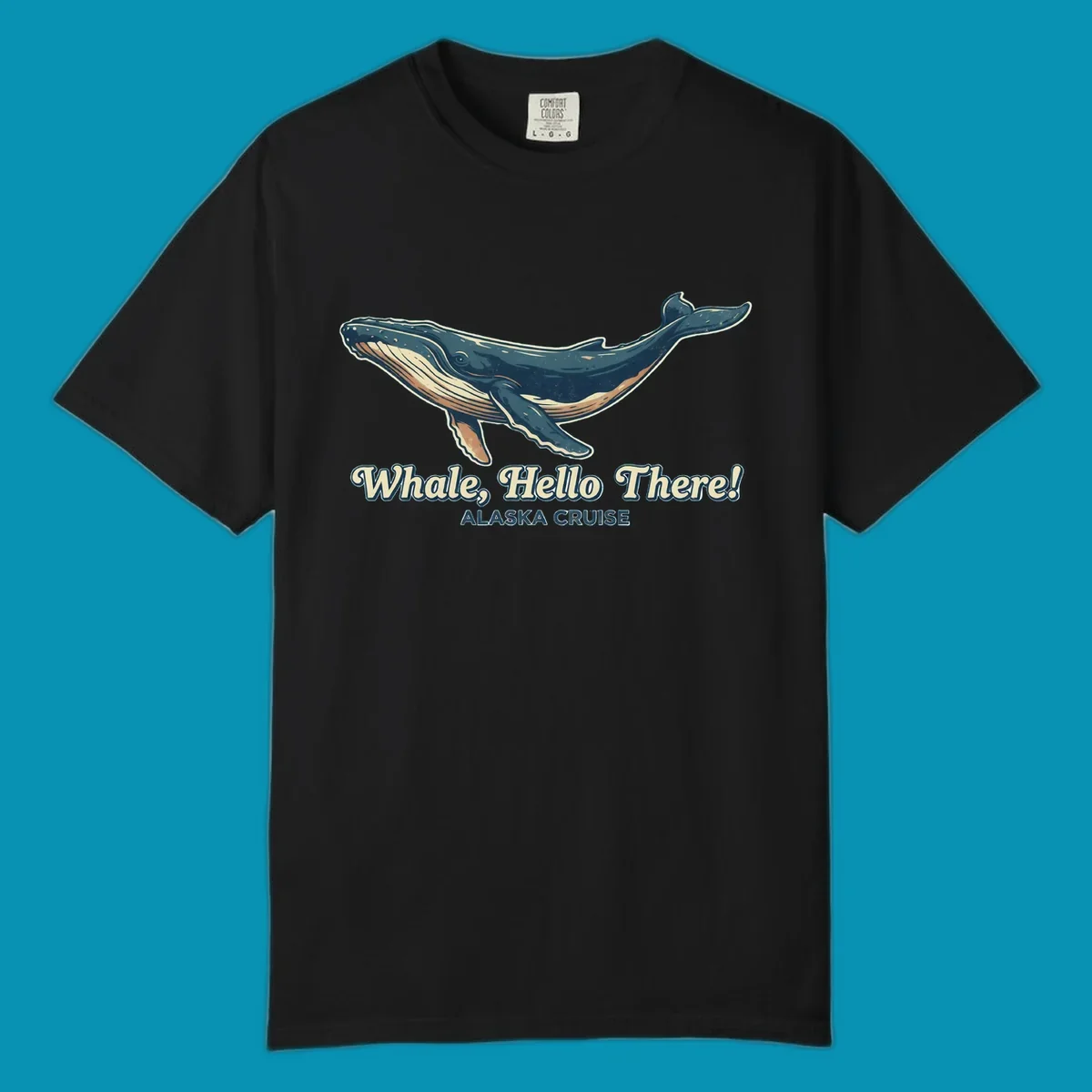 Vintage-style illustration of a teal and cream humpback whale with 'Whale, Hello There! Alaska Cruise' text for the whale-hello-there-cruise design